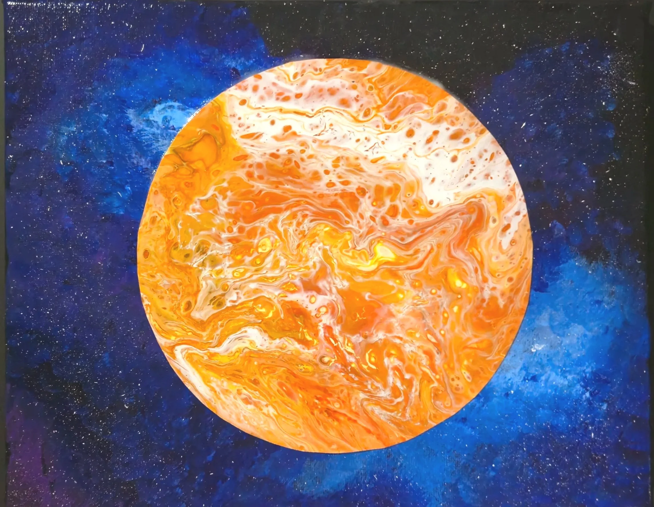 An artistic painting of a planet with swirling orange, white, and yellow colors, set against a space background with stars and dark blue nebula.