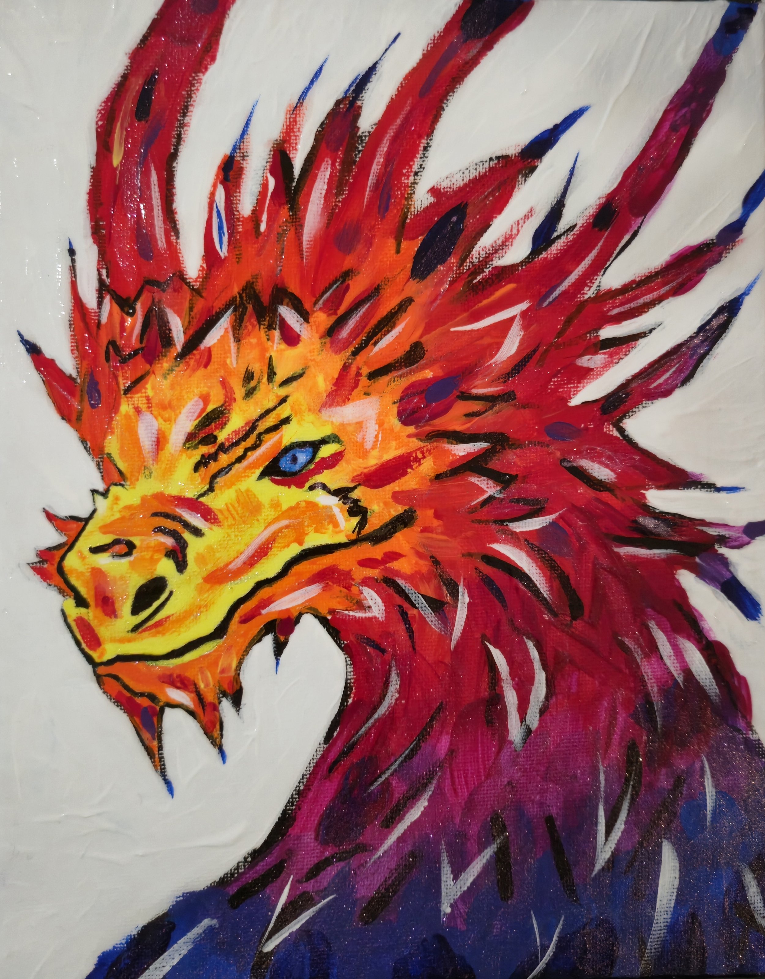 Colorful painting of a dragon with a fiery expression, vibrant red, orange, yellow, purple, and black details, against a white background.