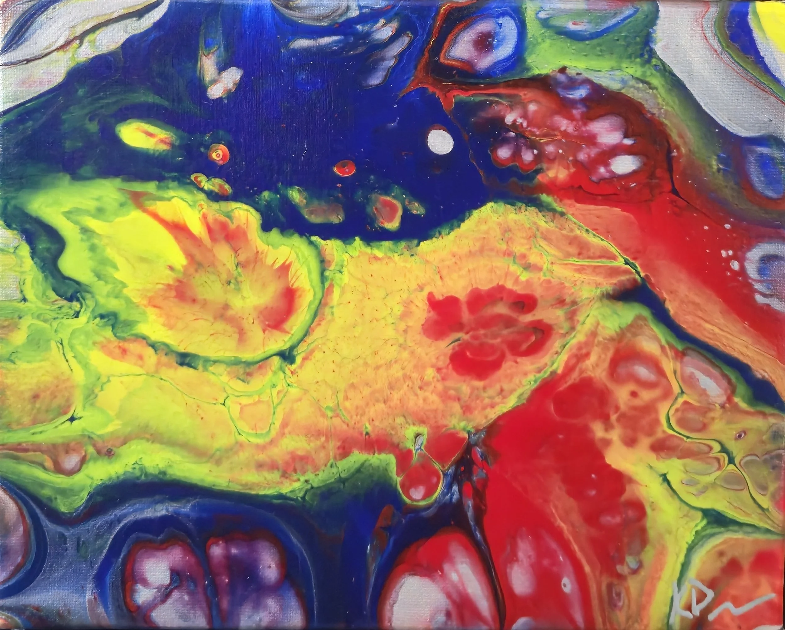 Abstract colorful painting with splashes of yellow, red, blue, green, and purple in a fluid, marbled pattern.