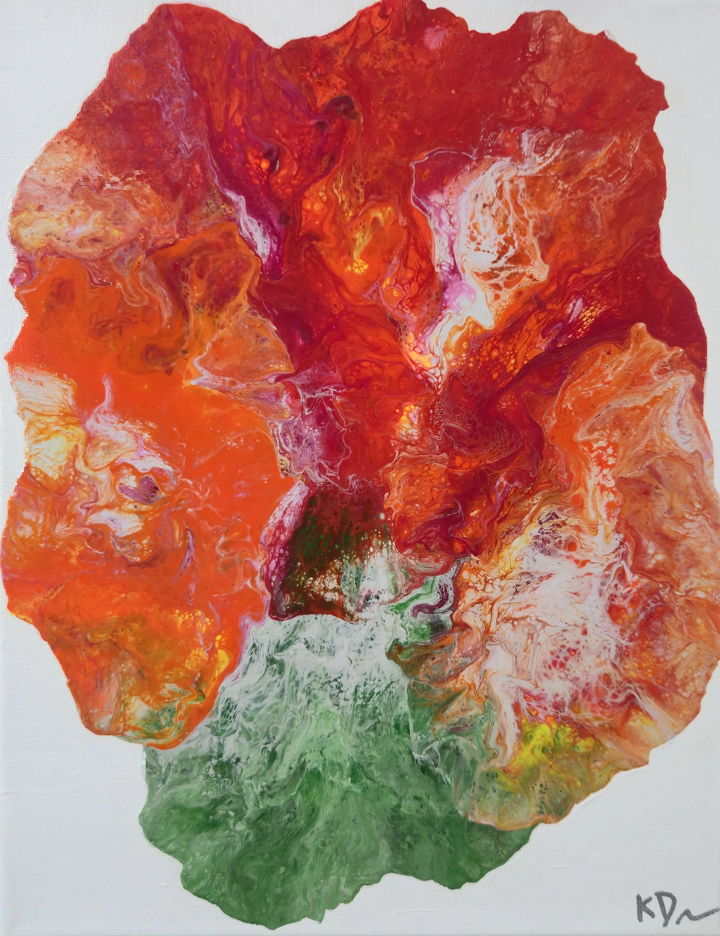 Abstract painting with swirling red, orange, green, and white colors, resembling a flower or floral explosion.