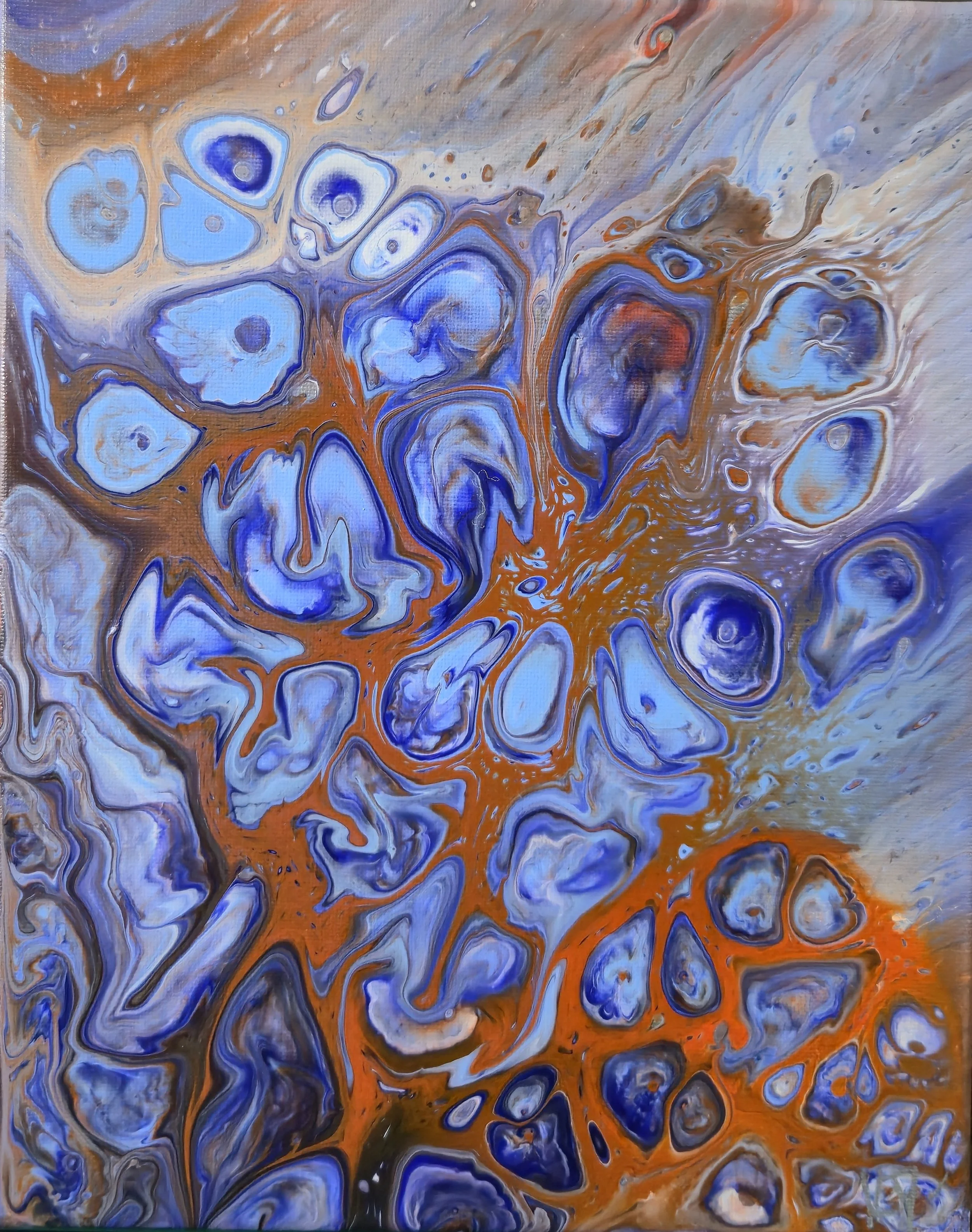 Abstract painting with swirling blue and brown colors creating a marbled effect.