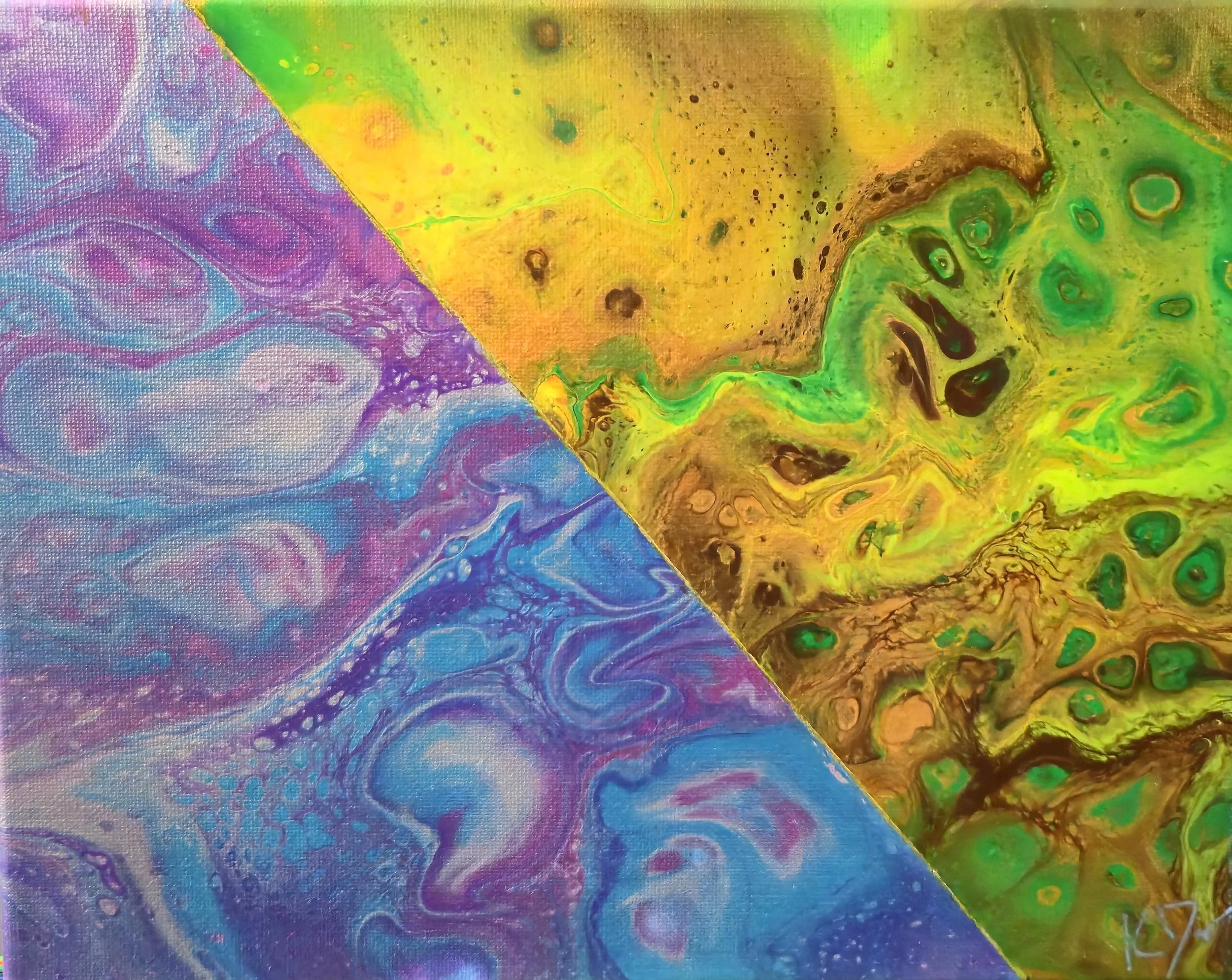 An abstract painting divided diagonally into two sections. The left section features swirling purple, blue, and pink patterns resembling marble or fluid art. The right section has yellow, green, and brown hues with a marbled, cellular pattern.