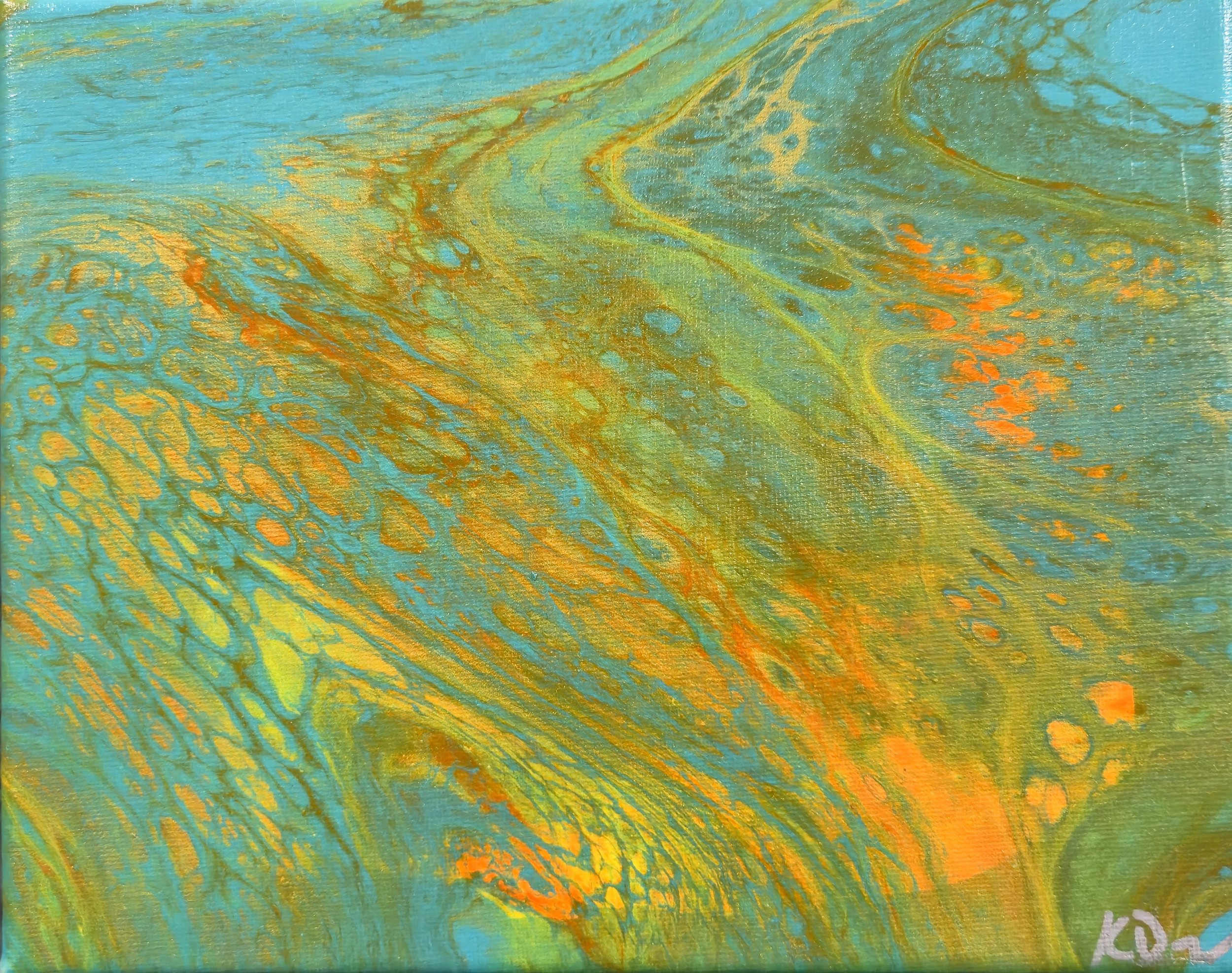 Abstract painting with swirling patterns in shades of teal, yellow, and orange.