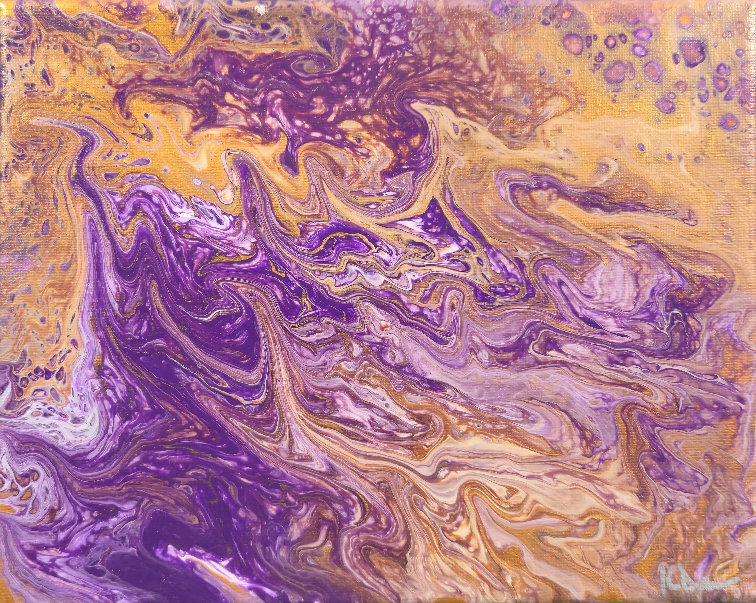 An abstract painting with swirling patterns of purple, gold, and white colors.
