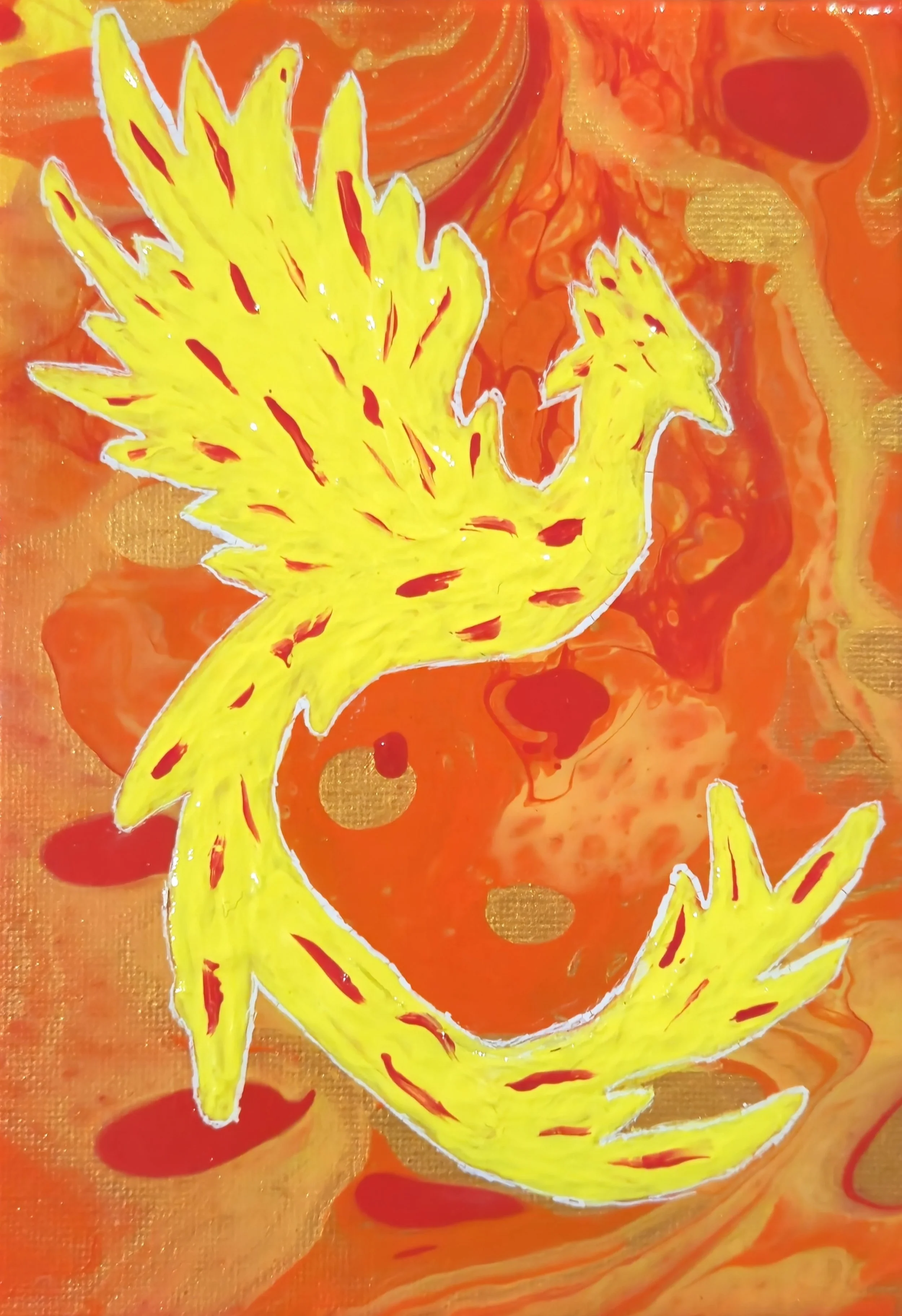 A bright yellow phoenix with red markings on a swirling orange and gold background.
