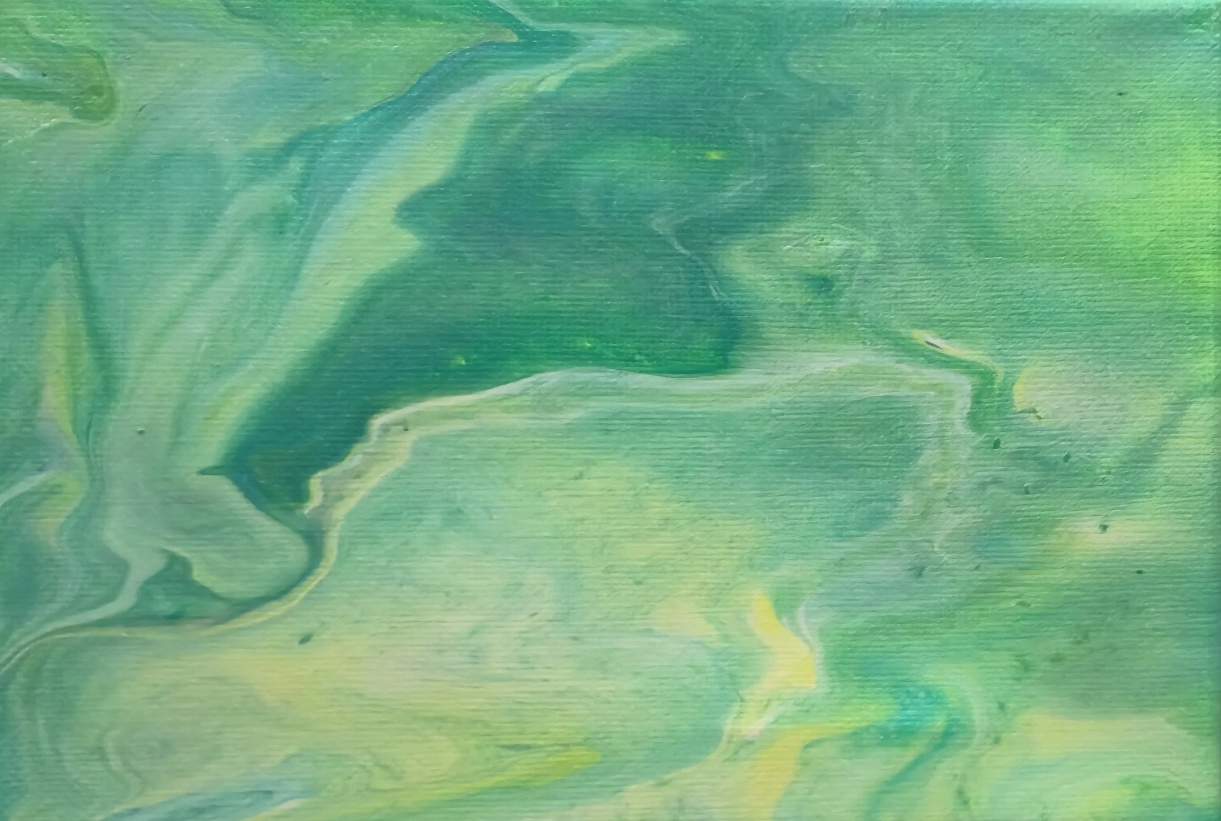 Abstract painting with swirls of green, yellow, and white colors.
