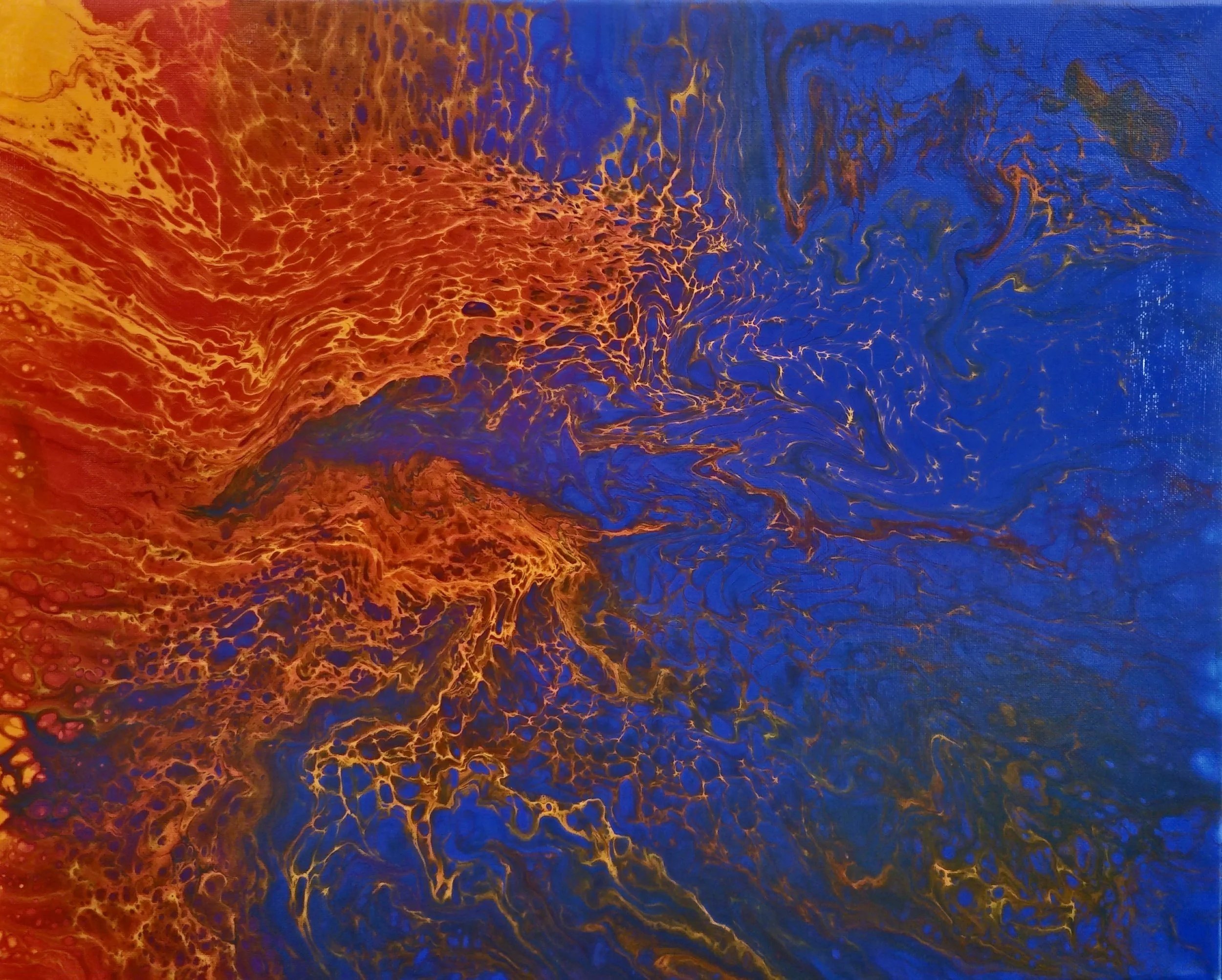 Abstract painting with swirling patterns of orange, red, and blue colors.