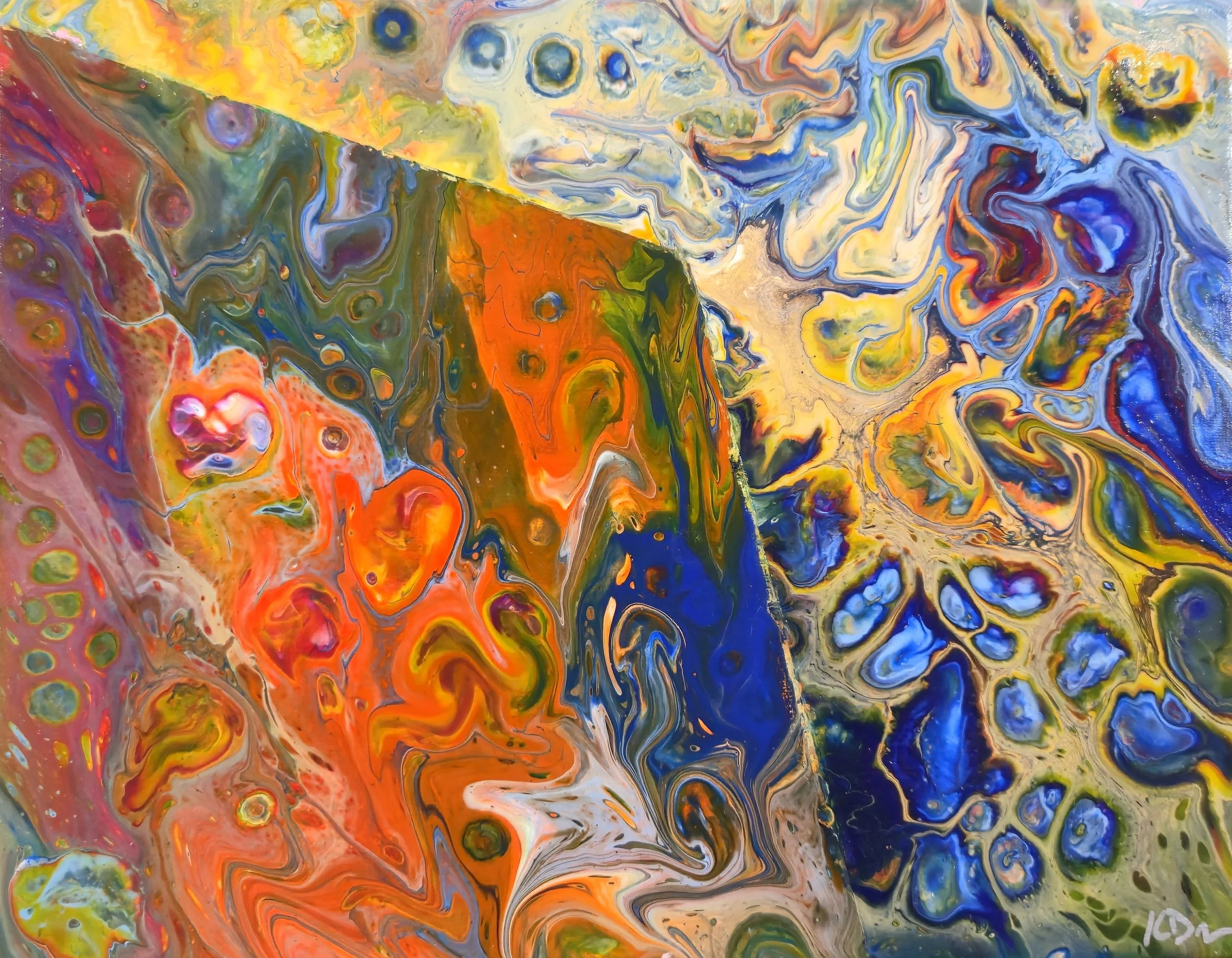 Abstract painting with swirling patterns of vibrant colors including orange, yellow, blue, green, and purple.