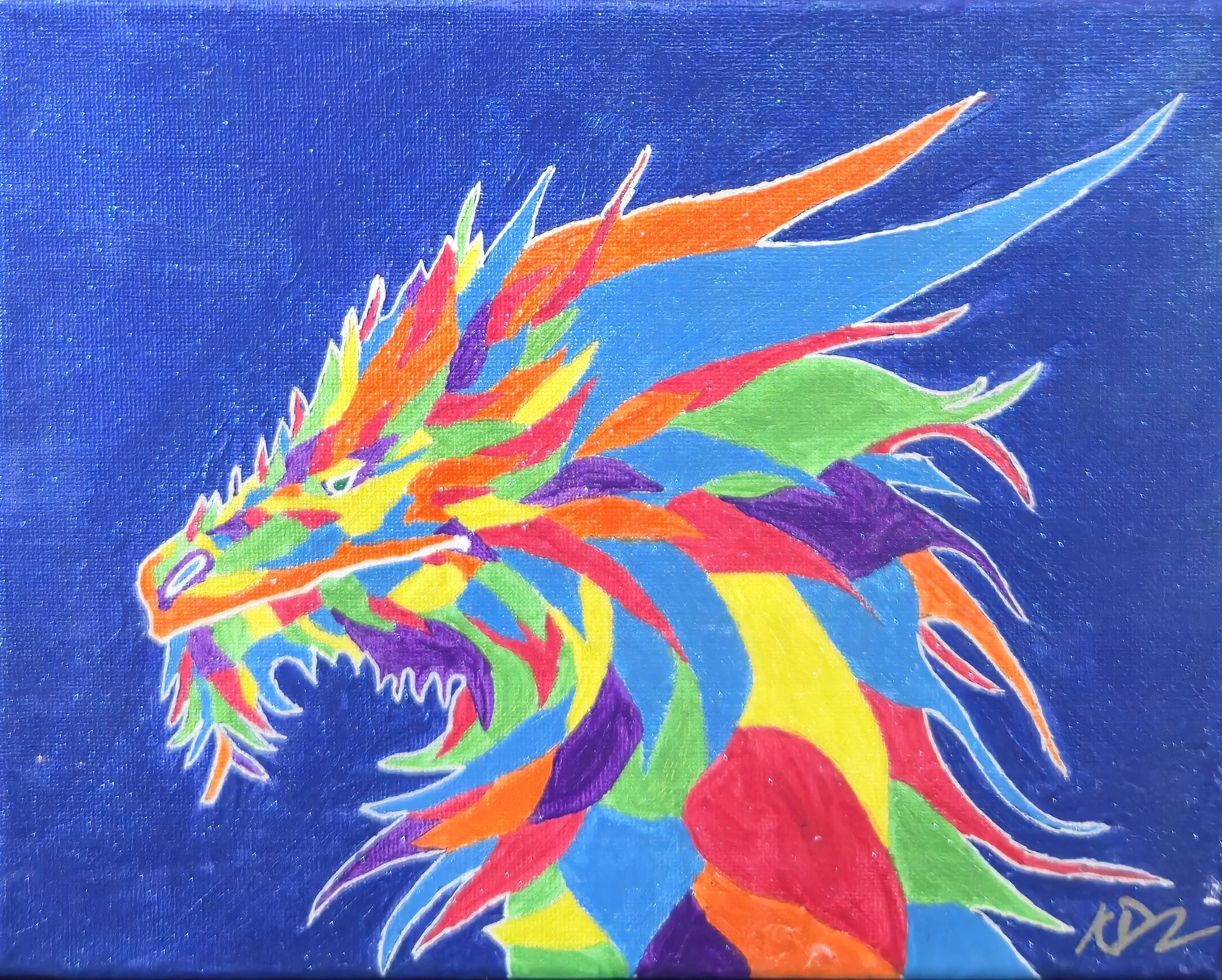 A colorful abstract dragon or dinosaur head painted with various vibrant colors against a dark blue background.