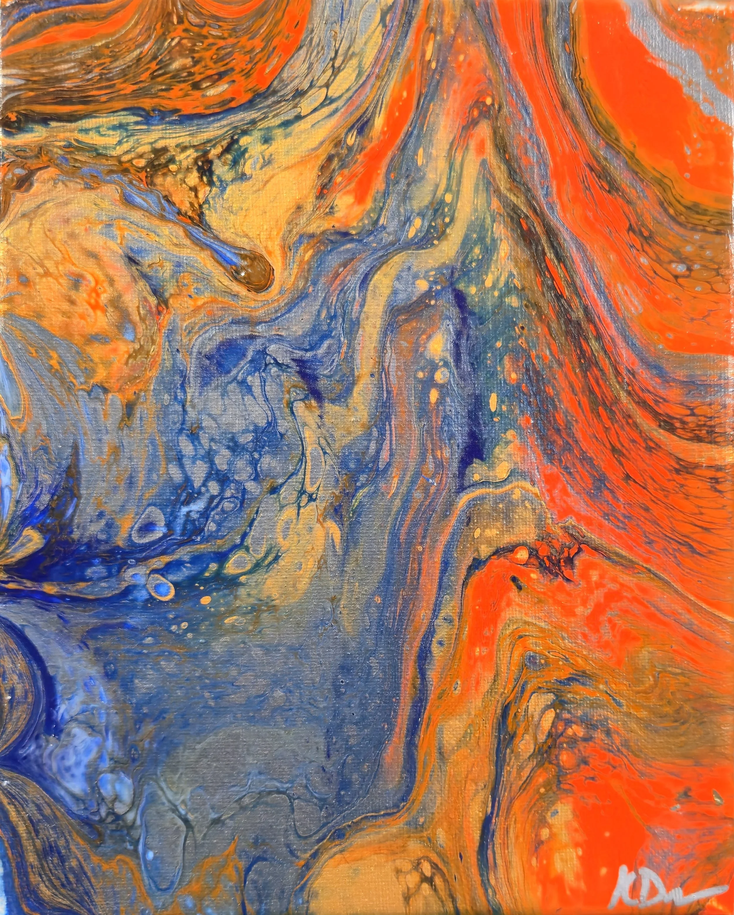 Abstract painting with swirling patterns of orange, blue, beige, and gray colors.