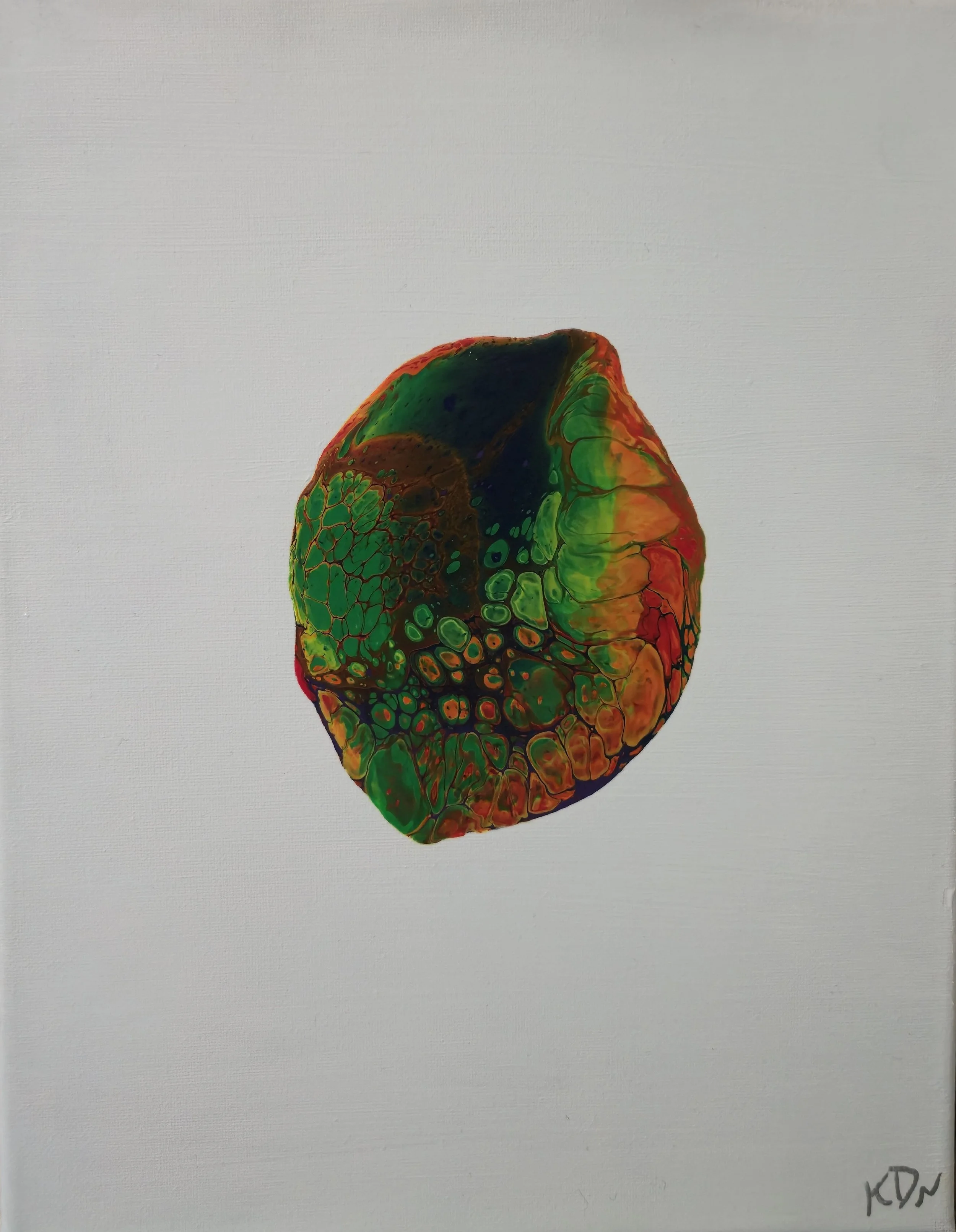 Abstract colorful art piece with green, red, yellow, and dark blue patterns on a white background signed by KDN in the lower right corner.