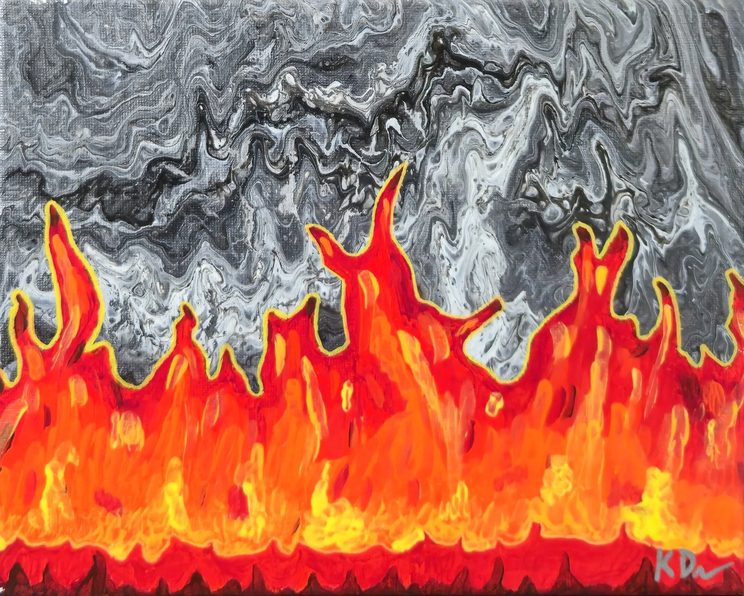 A painting of flames with red, orange, and yellow colors at the bottom, and black and white swirling patterns above, creating a fiery and smoky abstract scene.