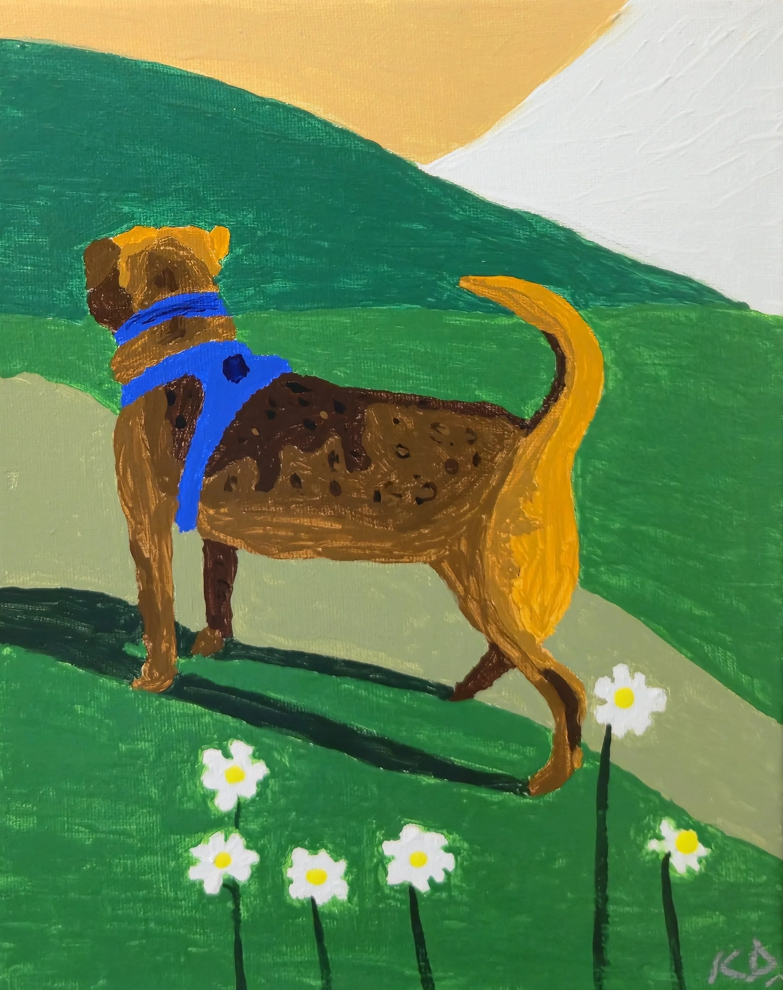 Painting of a dog with a brown and black-spotted body wearing a blue collar and harness, standing on green grass with white daisies and a background of green, yellow, and white hills.
