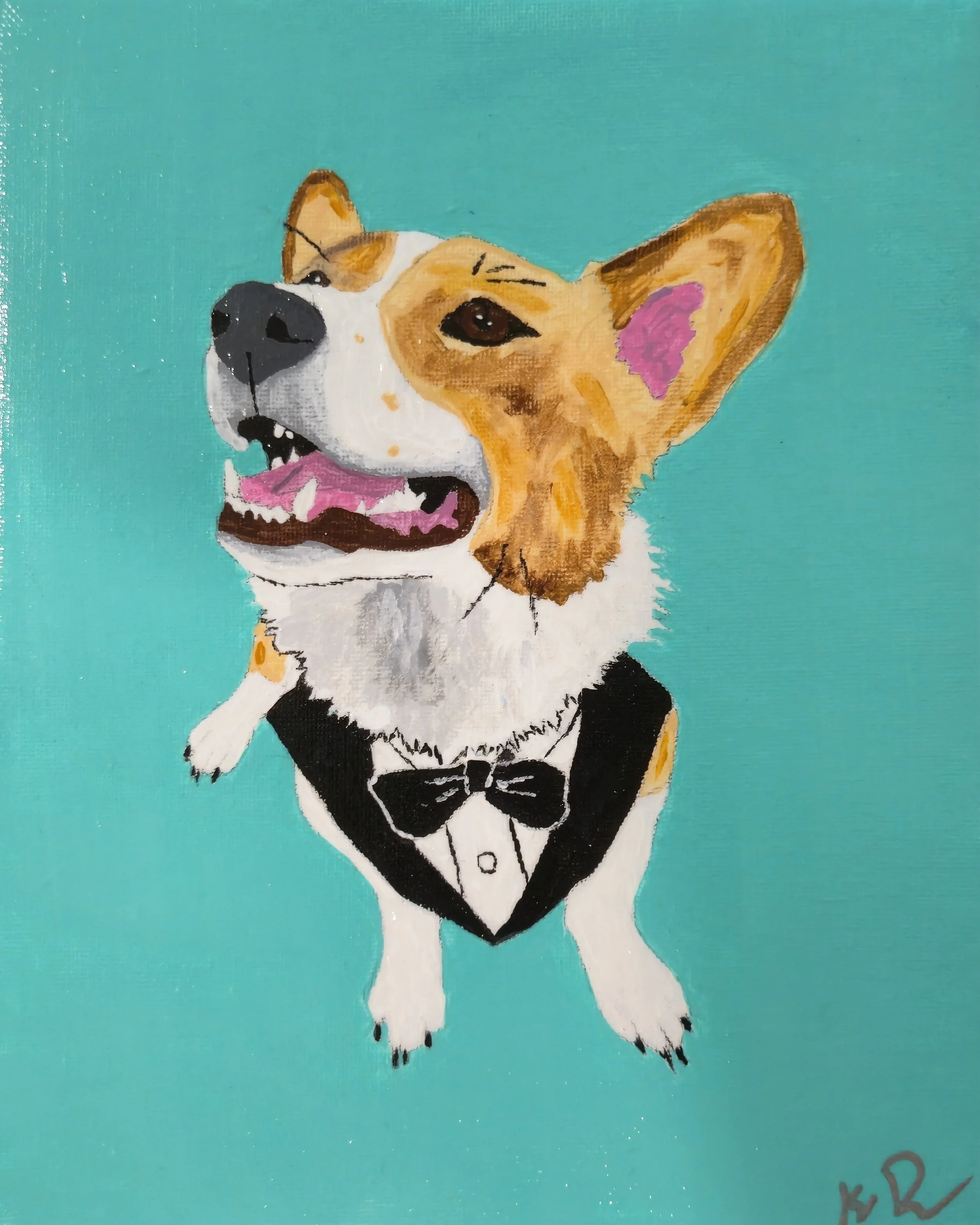 Painting of a happy dog wearing a tuxedo with a bow tie, set against a turquoise background.