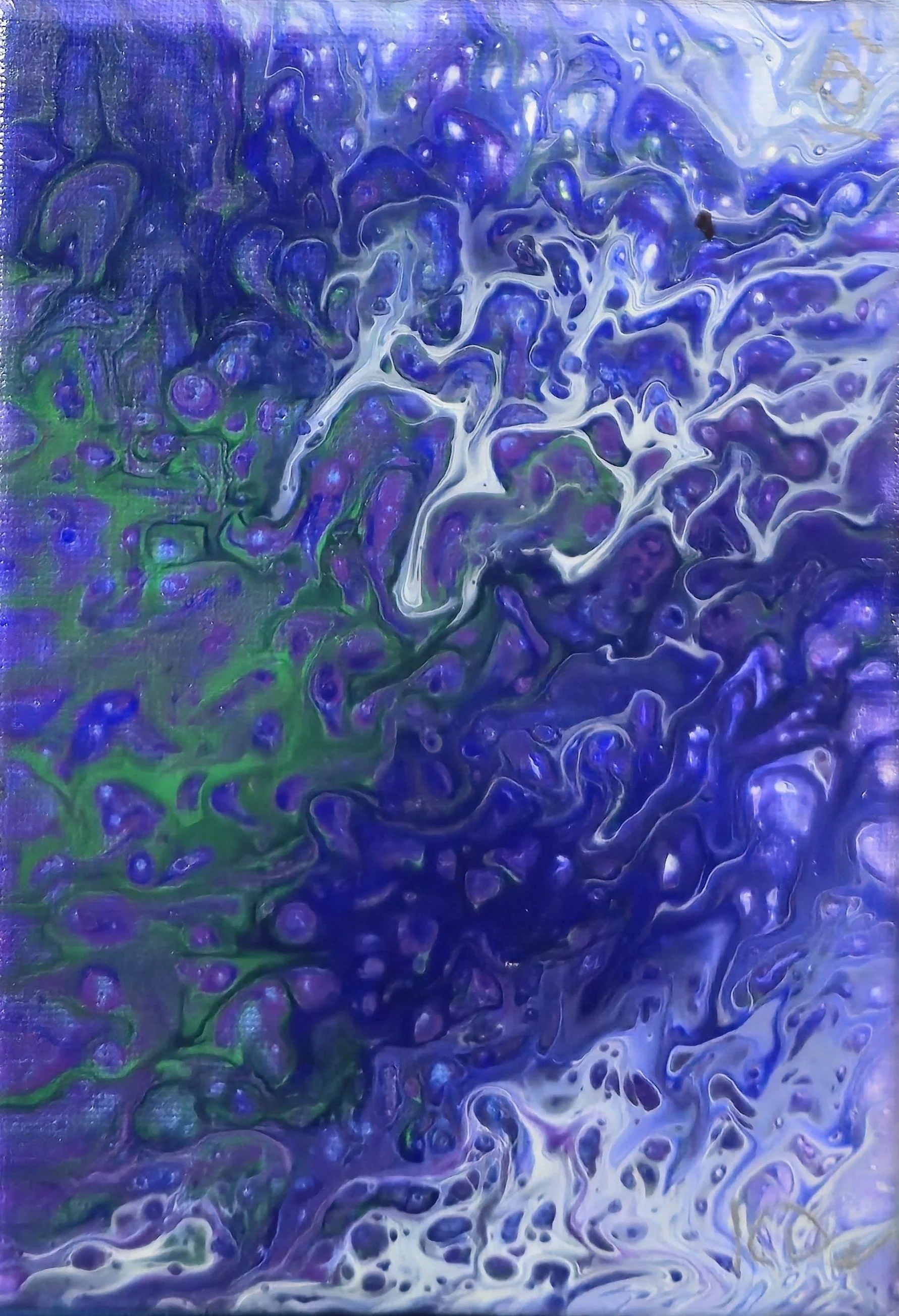 Abstract painting with swirling patterns of purple, green, white, and hints of blue.