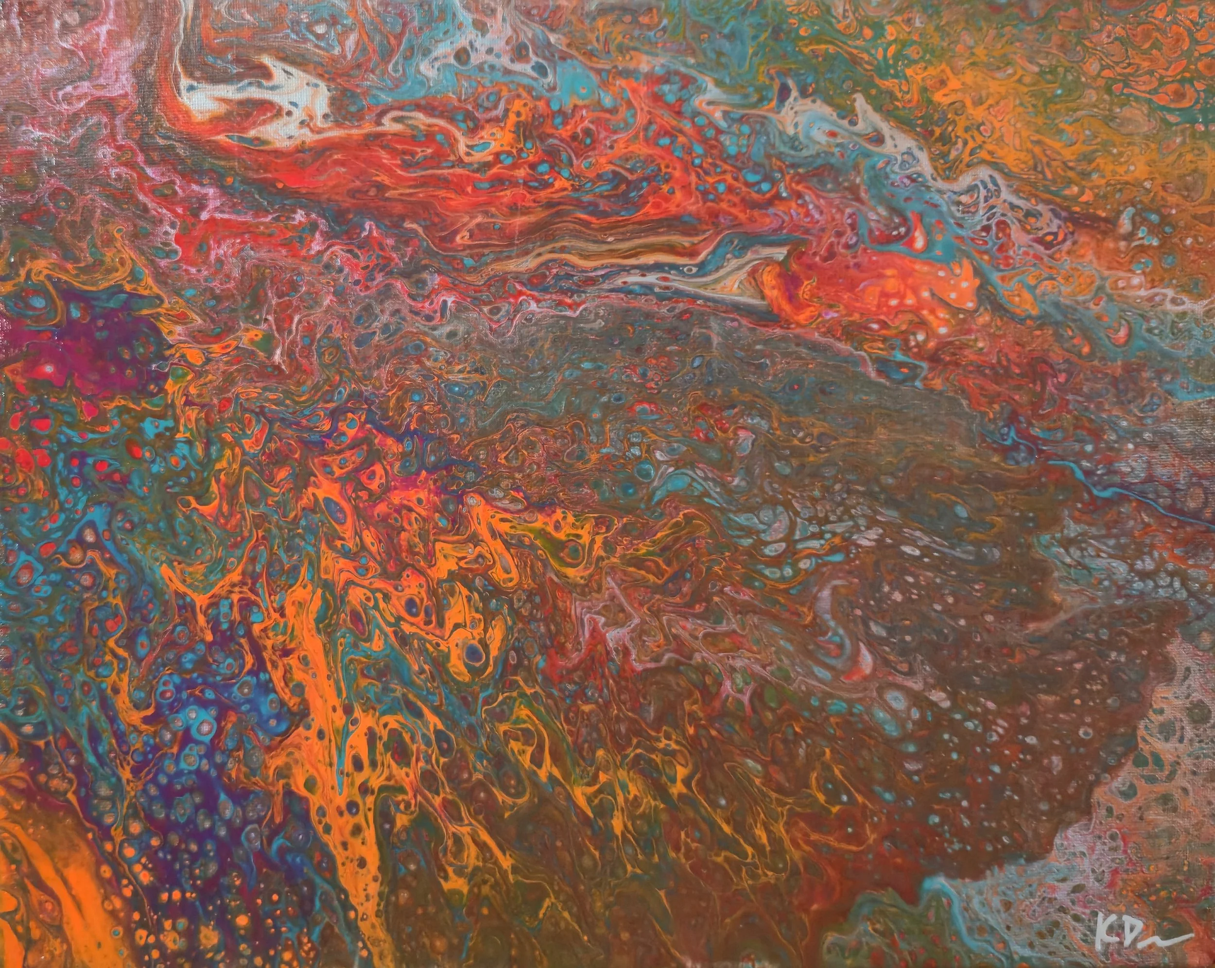 Abstract painting with swirling patterns and splashes of red, orange, blue, purple, and brown colors.