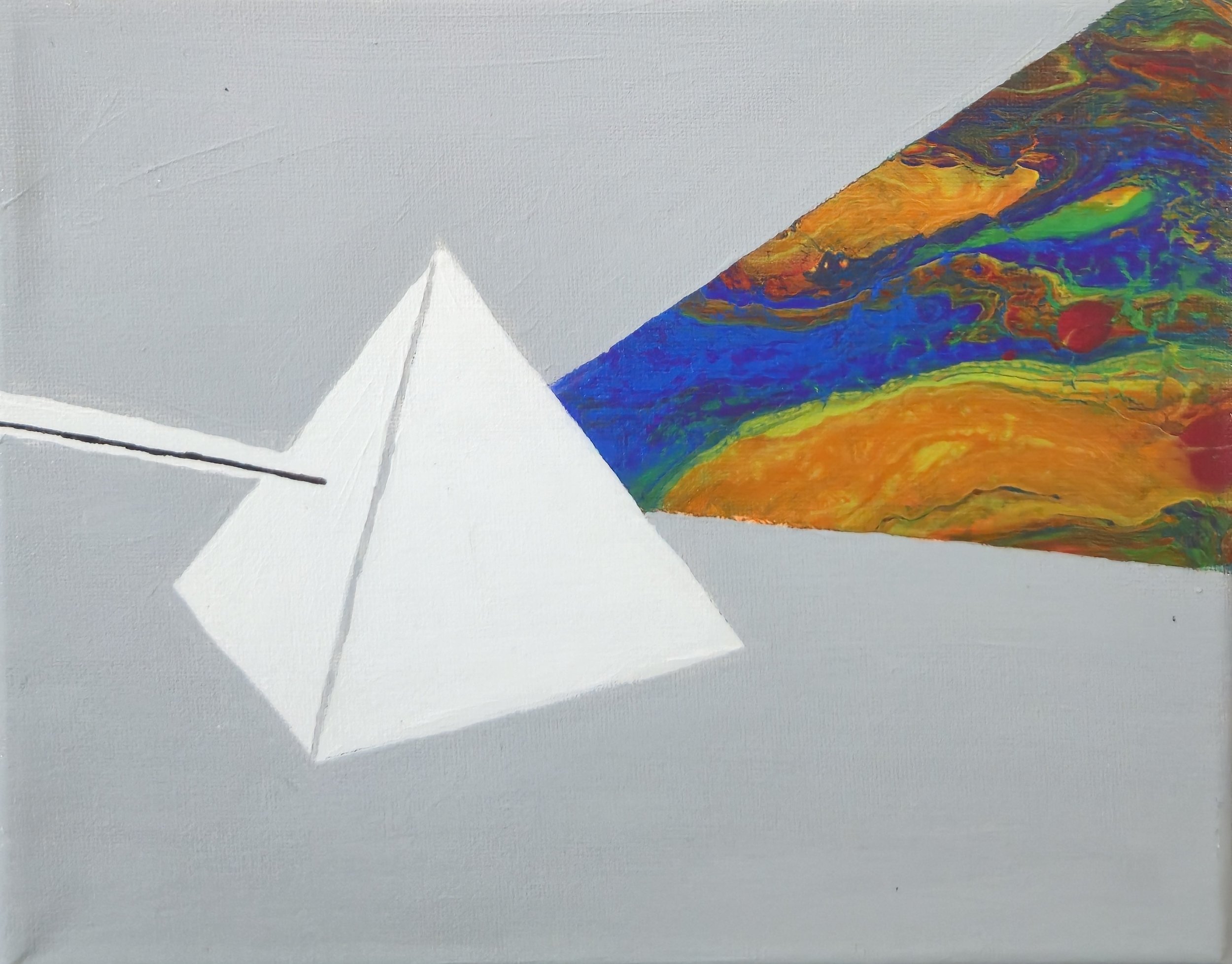 An abstract painting featuring a white pyramid on the left with a black line extending from it, and a colorful, swirling pattern on the right that resembles a landscape with bright colors including green, orange, blue, and red, against a plain gray background.