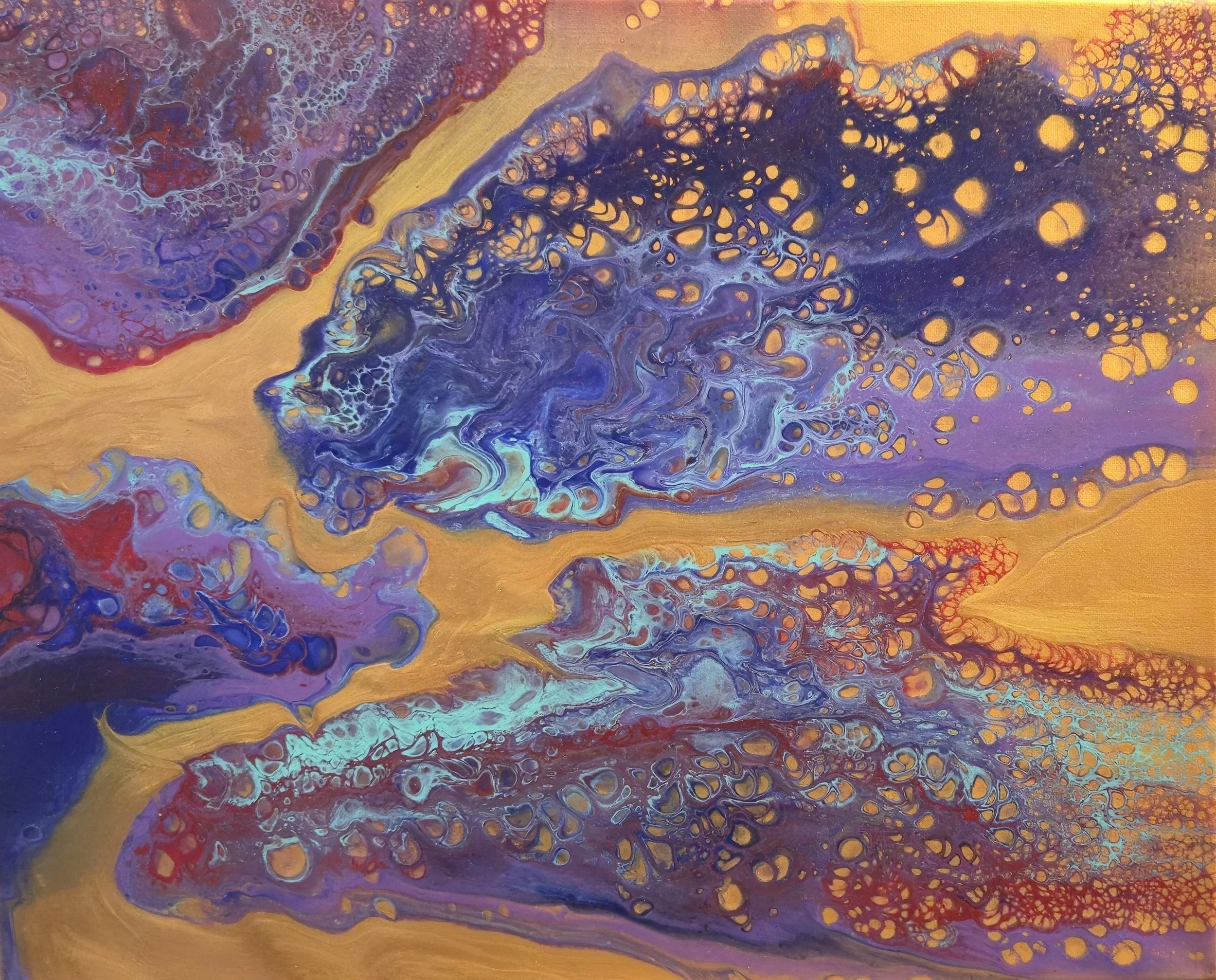 Abstract painting with purple, blue, red, and gold colors in fluid, cell-like patterns.