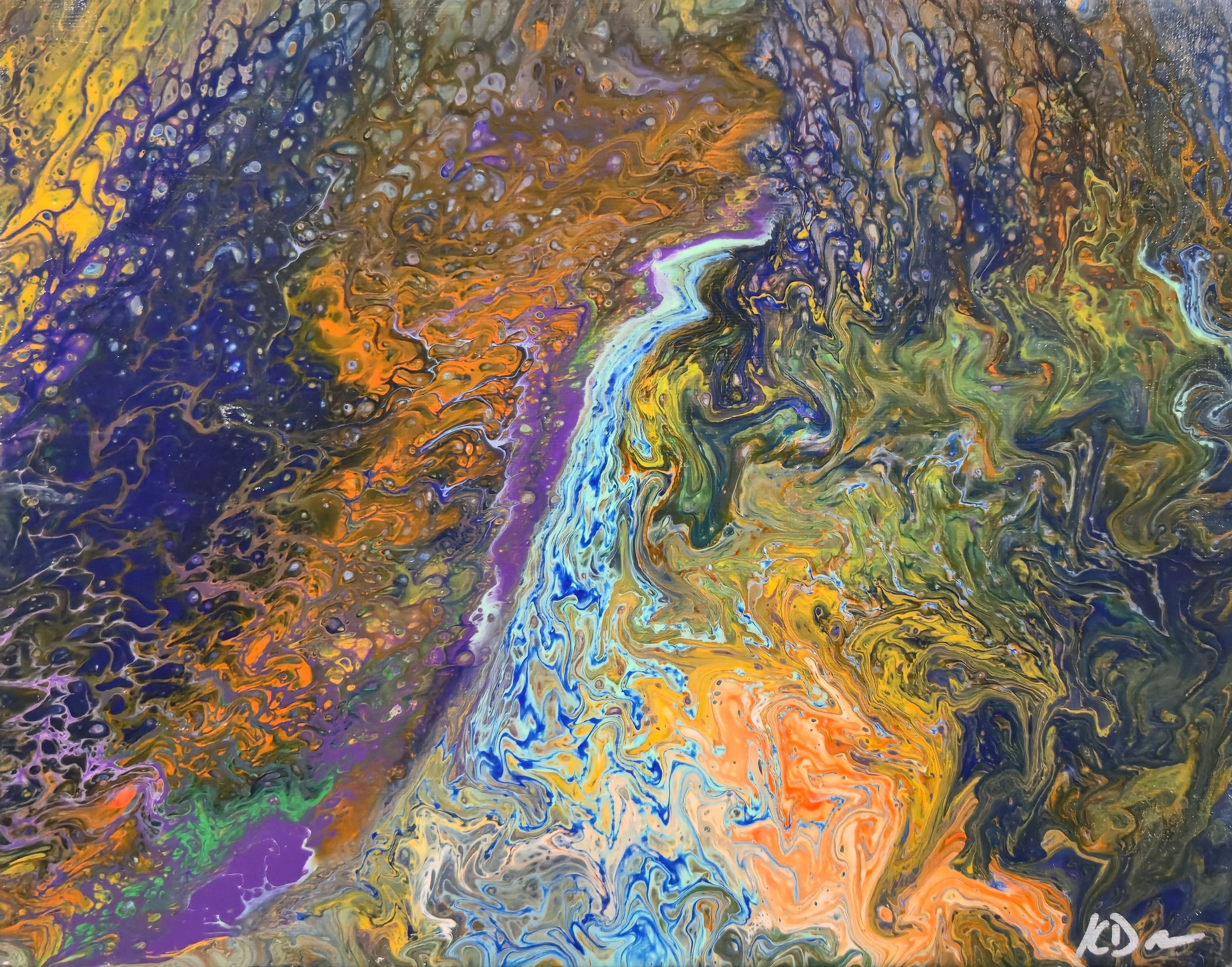 Abstract swirling mix of bright colors including purple, yellow, orange, blue, and green with a marbled pattern.