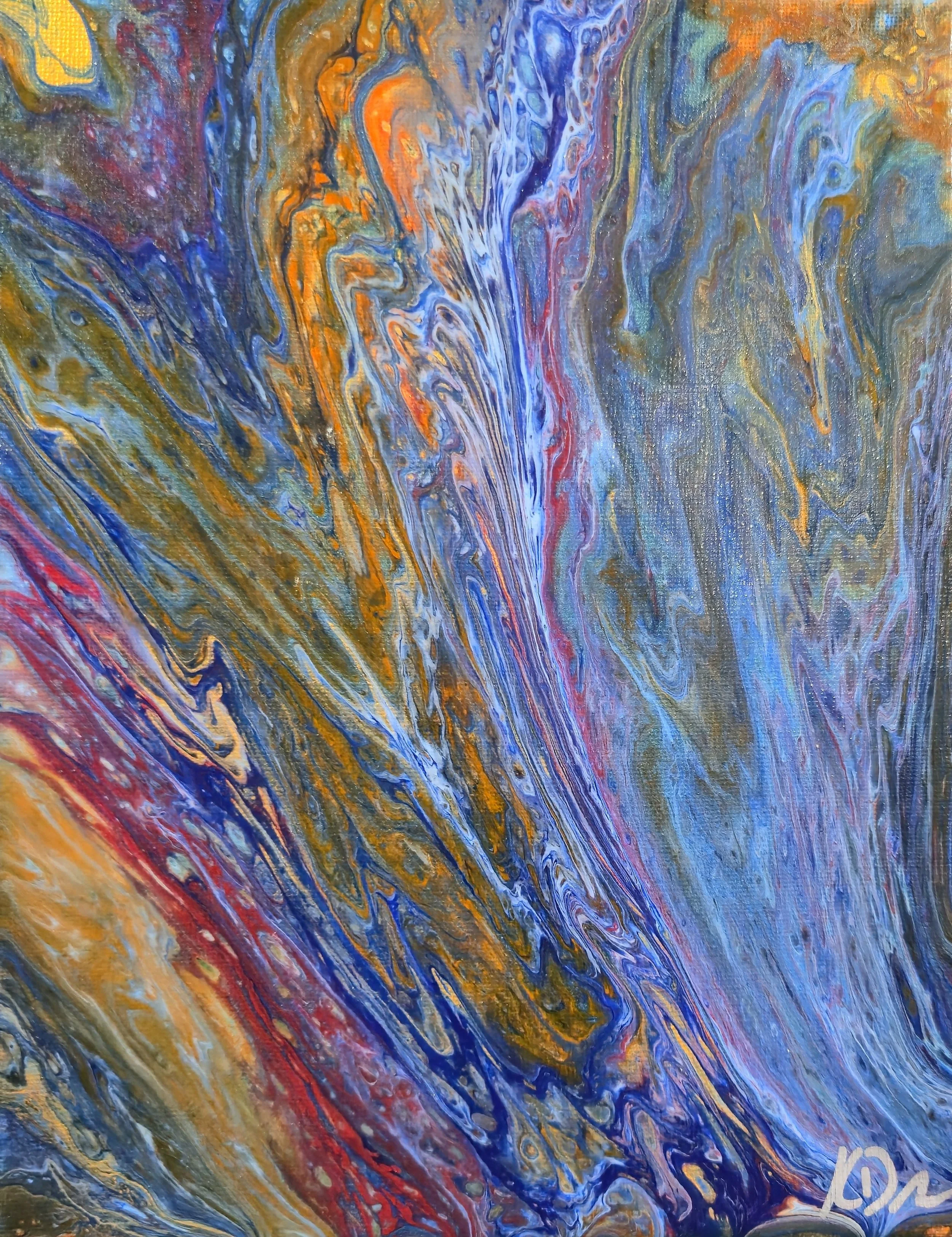 Abstract swirl of colors including blue, orange, red, and yellow in a marbled pattern.