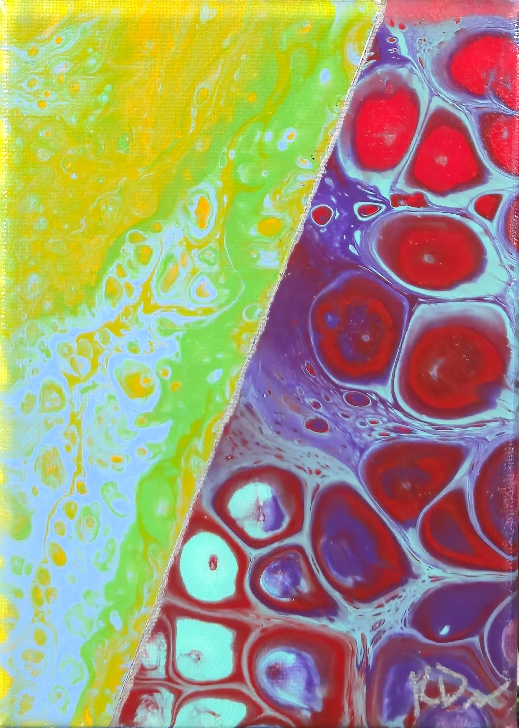 Abstract art with vibrant yellow and green on the left side, and red, purple, and white on the right side, separated by a diagonal line.