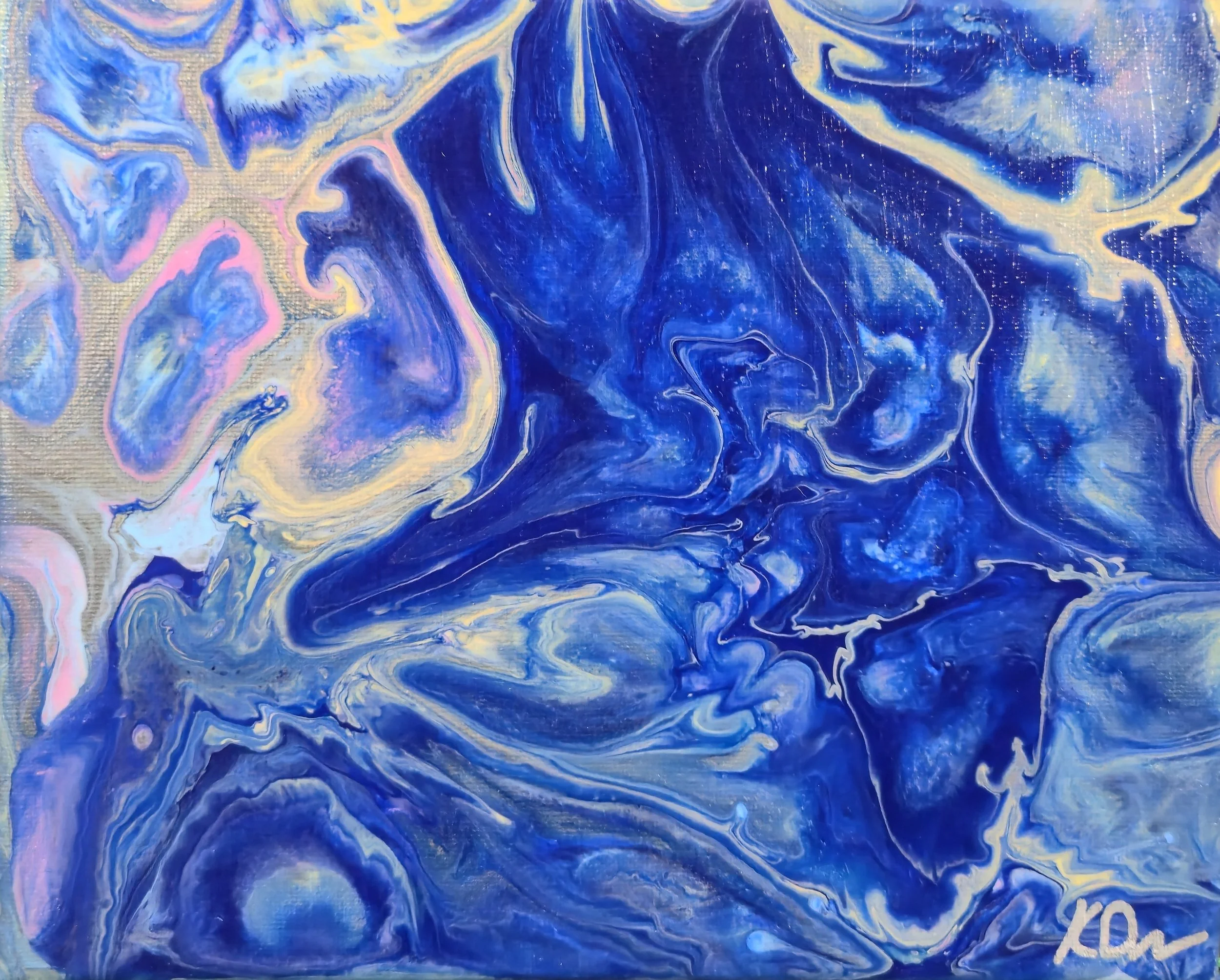 Abstract painting with swirls of blue, white, and hints of pink and yellow