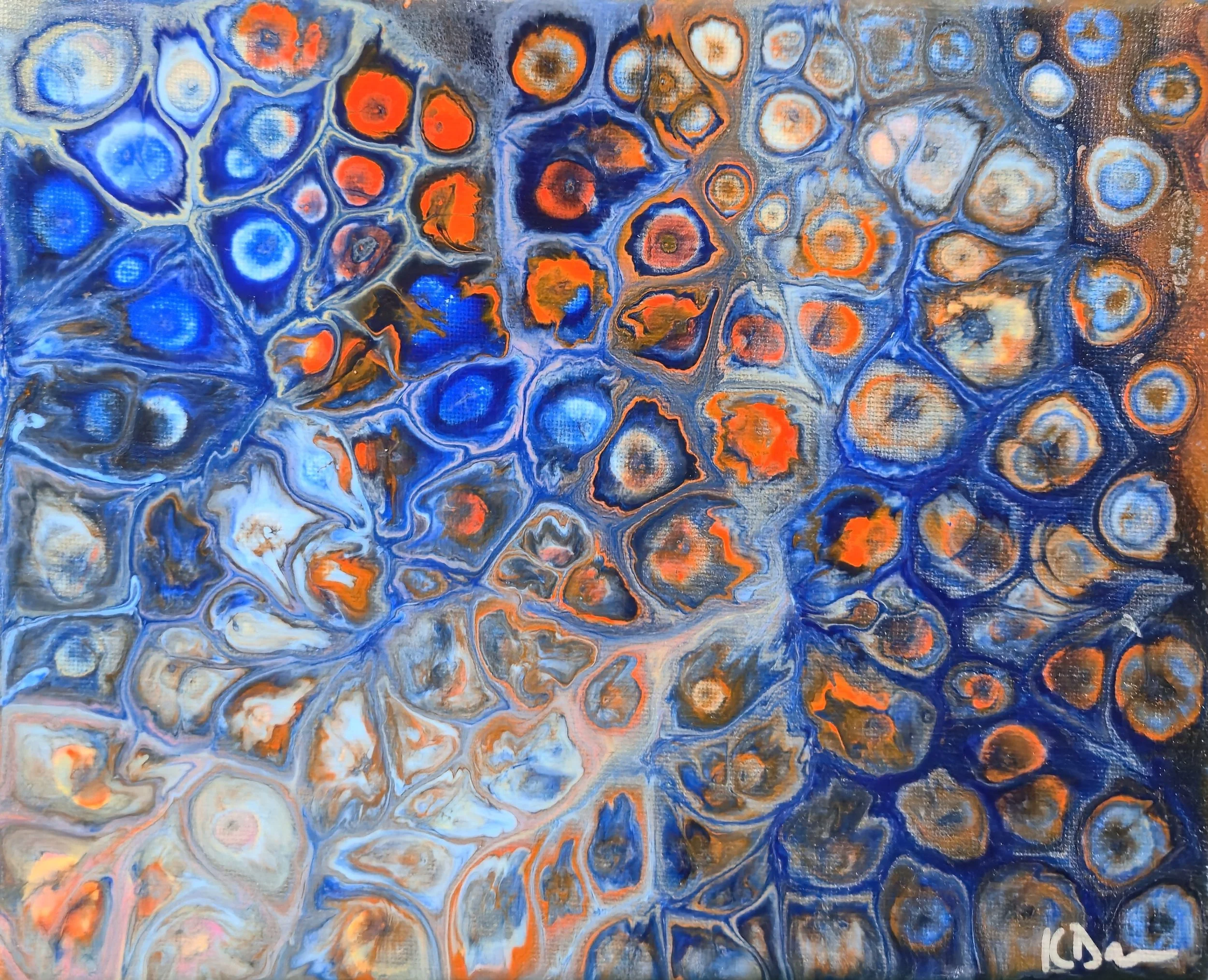 Abstract painting with circular shapes in shades of blue, orange, and white, resembling cell structures or geological formations.