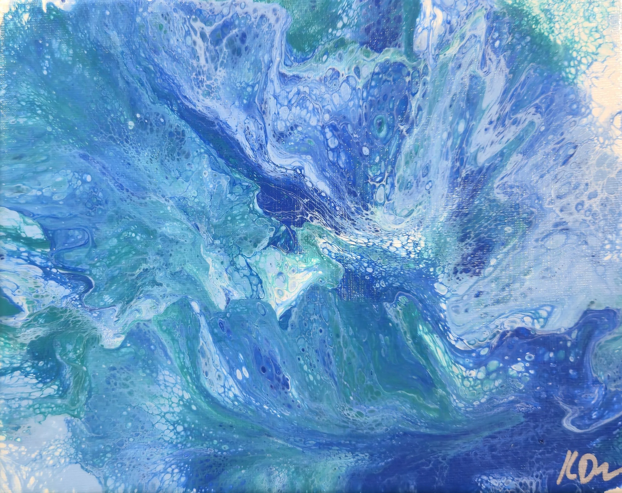 Abstract painting with swirling patterns of blue, teal, and white colors.