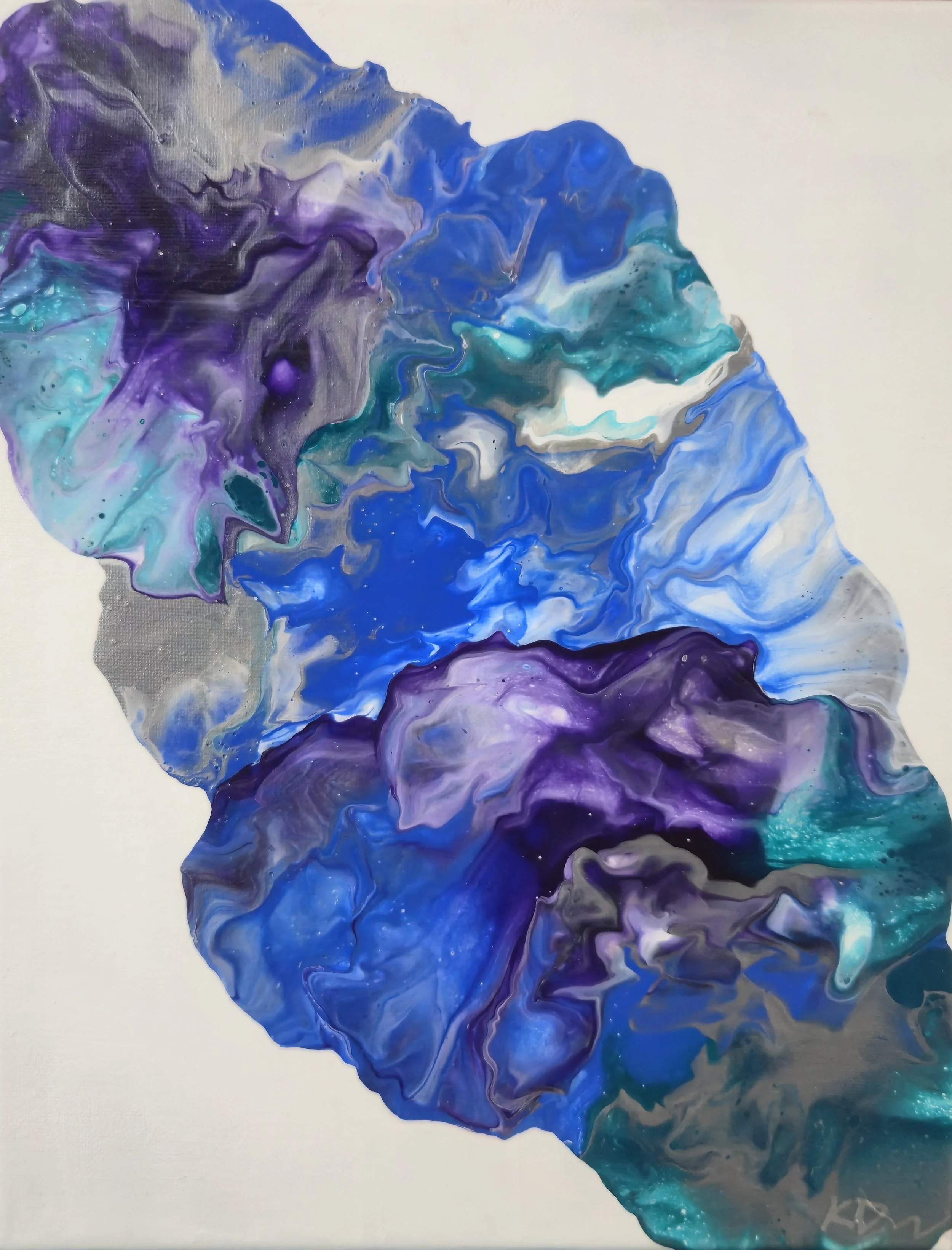 Abstract fluid art painting with swirls of blue, purple, teal, and white on a white background.