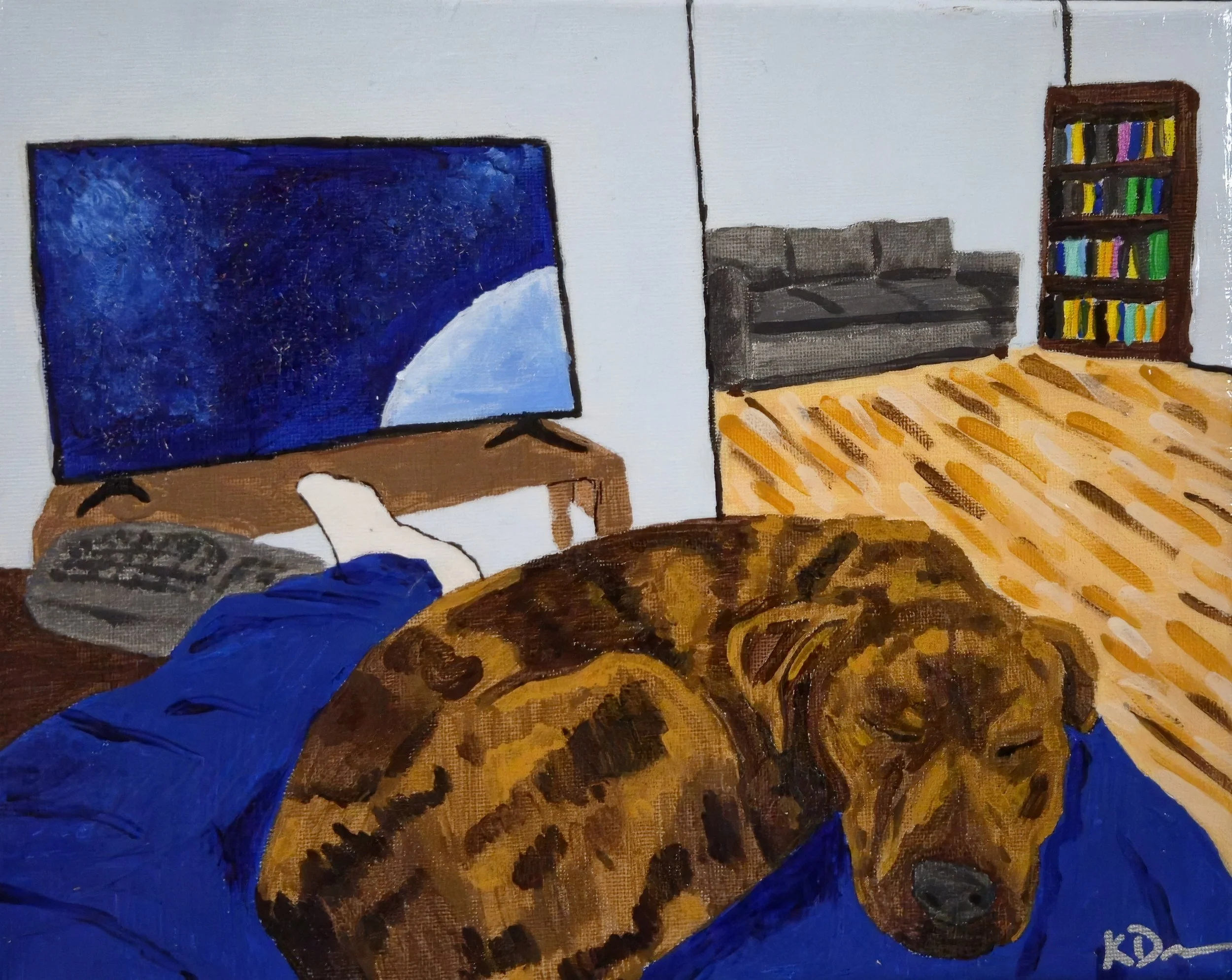 Painting of a bedroom scene with a person lying on a bed, a large brown dog sleeping on the bed, a TV on a stand, a gray couch, and a bookshelf in the background.