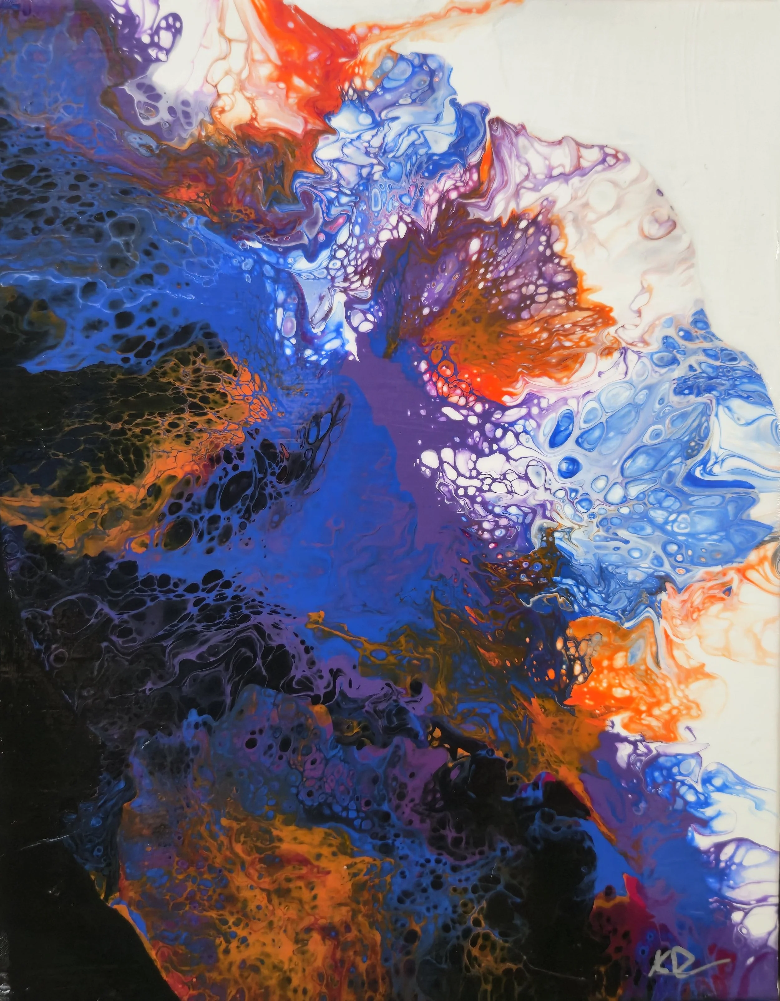 Abstract painting with swirling patterns of blue, purple, orange, black, and white colors.
