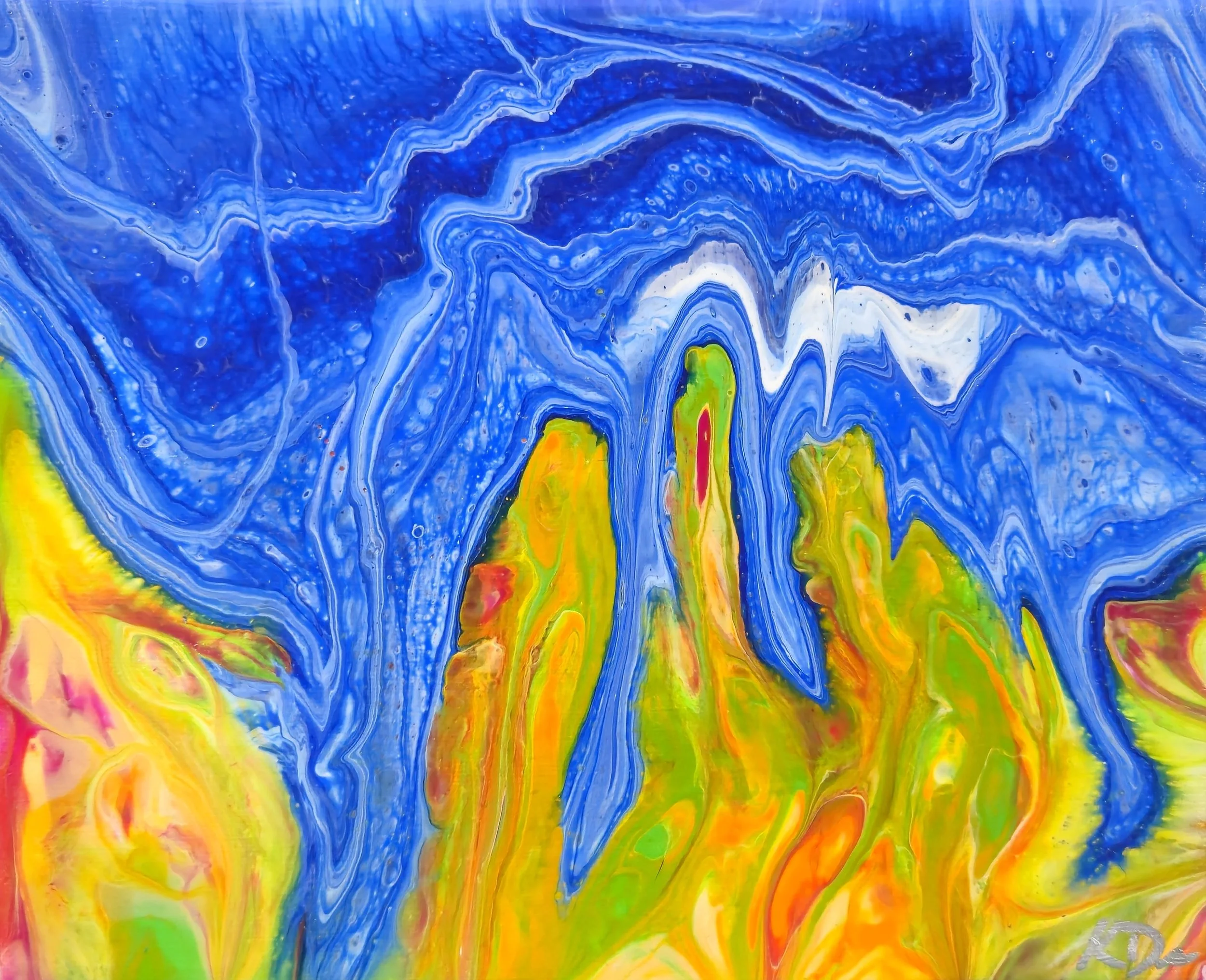 Abstract colorful fluid art with swirls of blue, green, yellow, orange, and red.