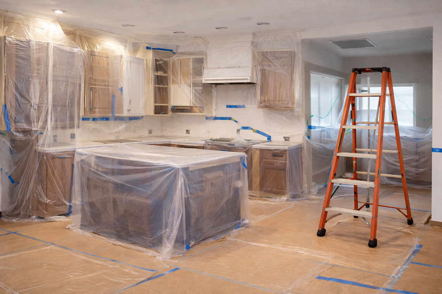 Kitchen under renovation with cabinets covered in plastic, a ladder, and taped-off floors.