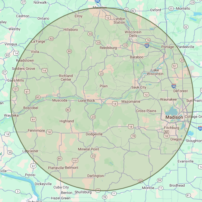 A map of central Wisconsin showing cities and towns such as Madison, Portage, Baraboo, Sauk City, Lodi, and Dodgeville, with roads and surrounding areas.