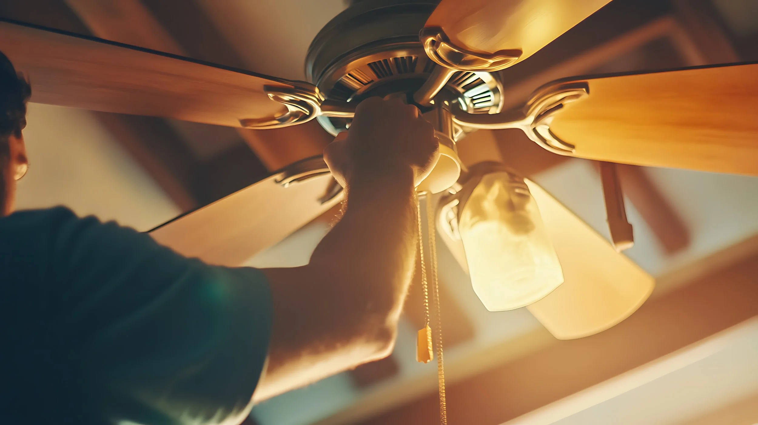 A person adjusting a ceiling fan with wooden blades and glass light covers, viewed from below with warm lighting.