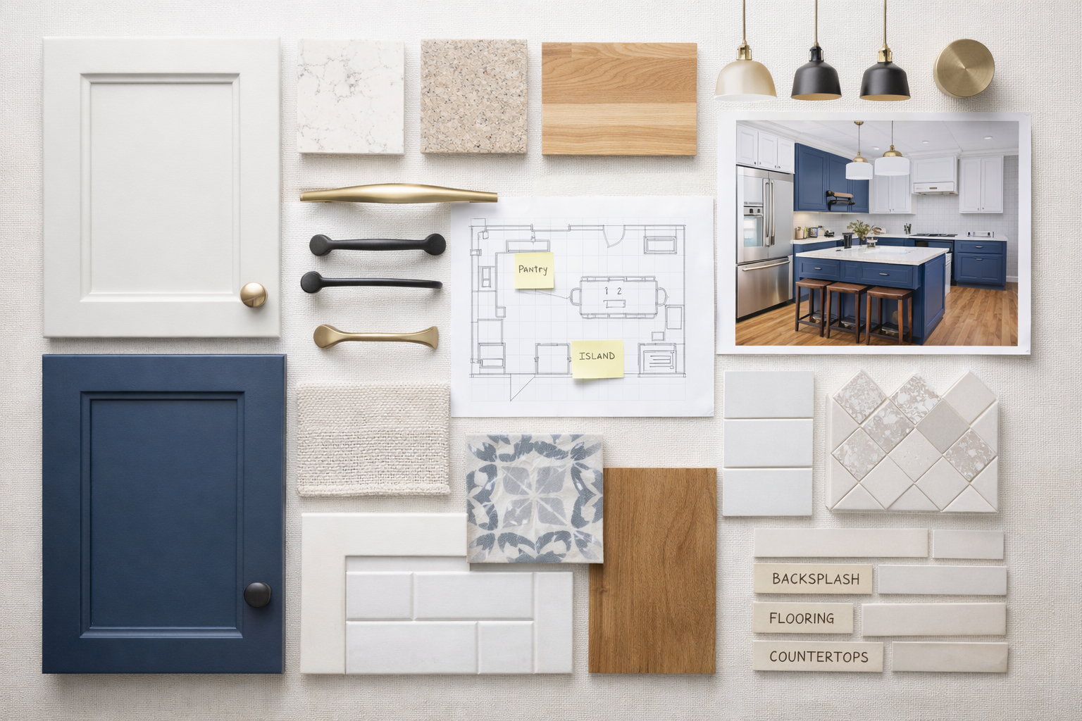 Interior design mood board for a kitchen featuring blue cabinetry, white subway tile backsplash, wood flooring, and various material samples including tiles, fabric, wood, paint swatches, and cabinet hardware. Includes a blueprint layout and a photo of a completed blue kitchen.