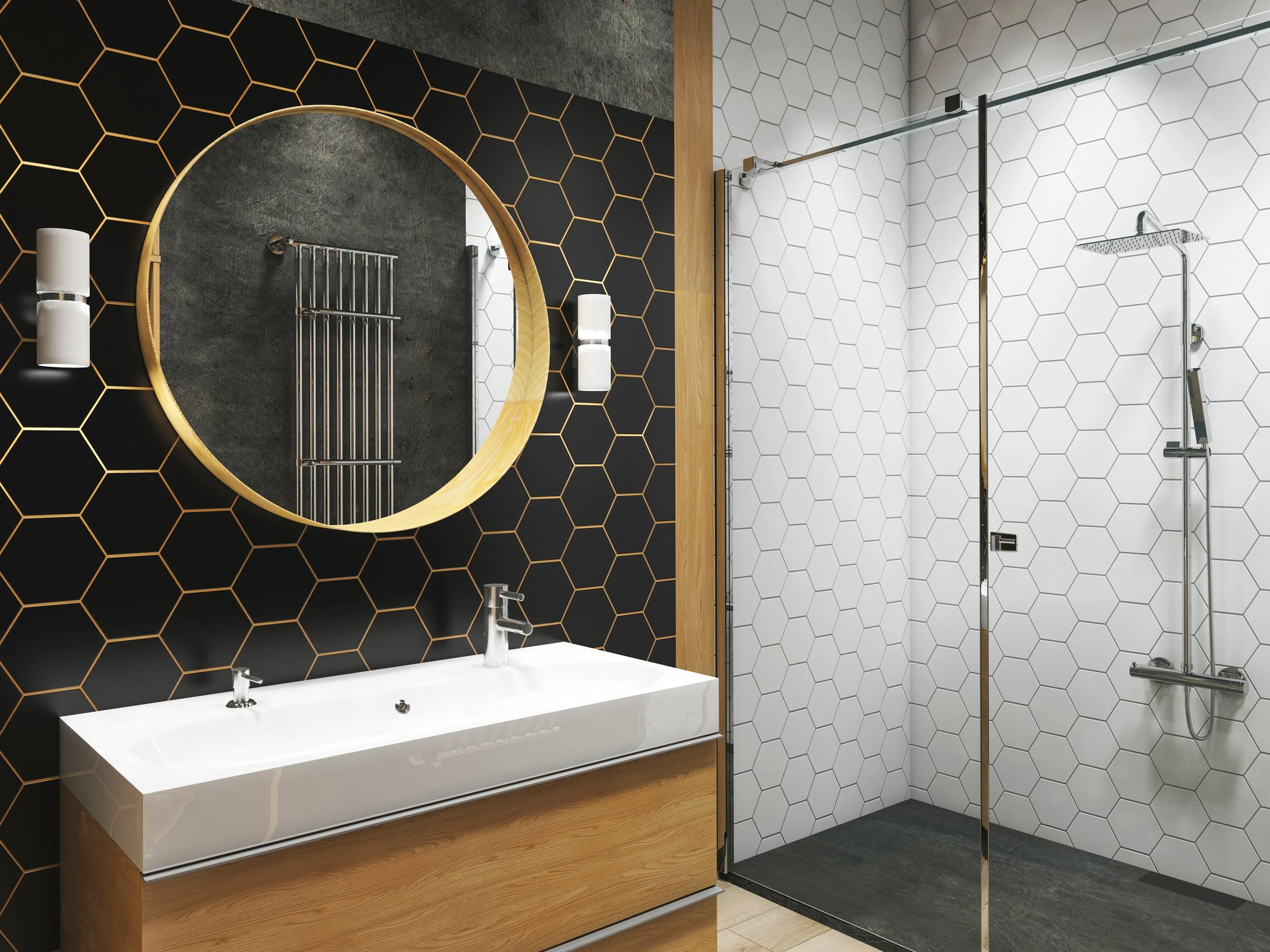 Modern bathroom with black and gold hexagon-patterned wall, large round mirror, double sink vanity, black and white hexagon tiles, walk-in shower with glass door, chrome fixtures, and wooden accents.
