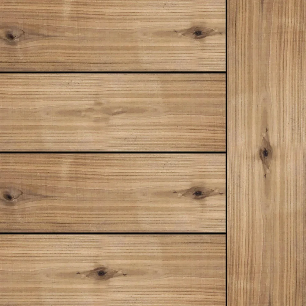 Close-up of wooden paneling with horizontal planks and a vertical planks on the edge, showing natural wood grain and knots.