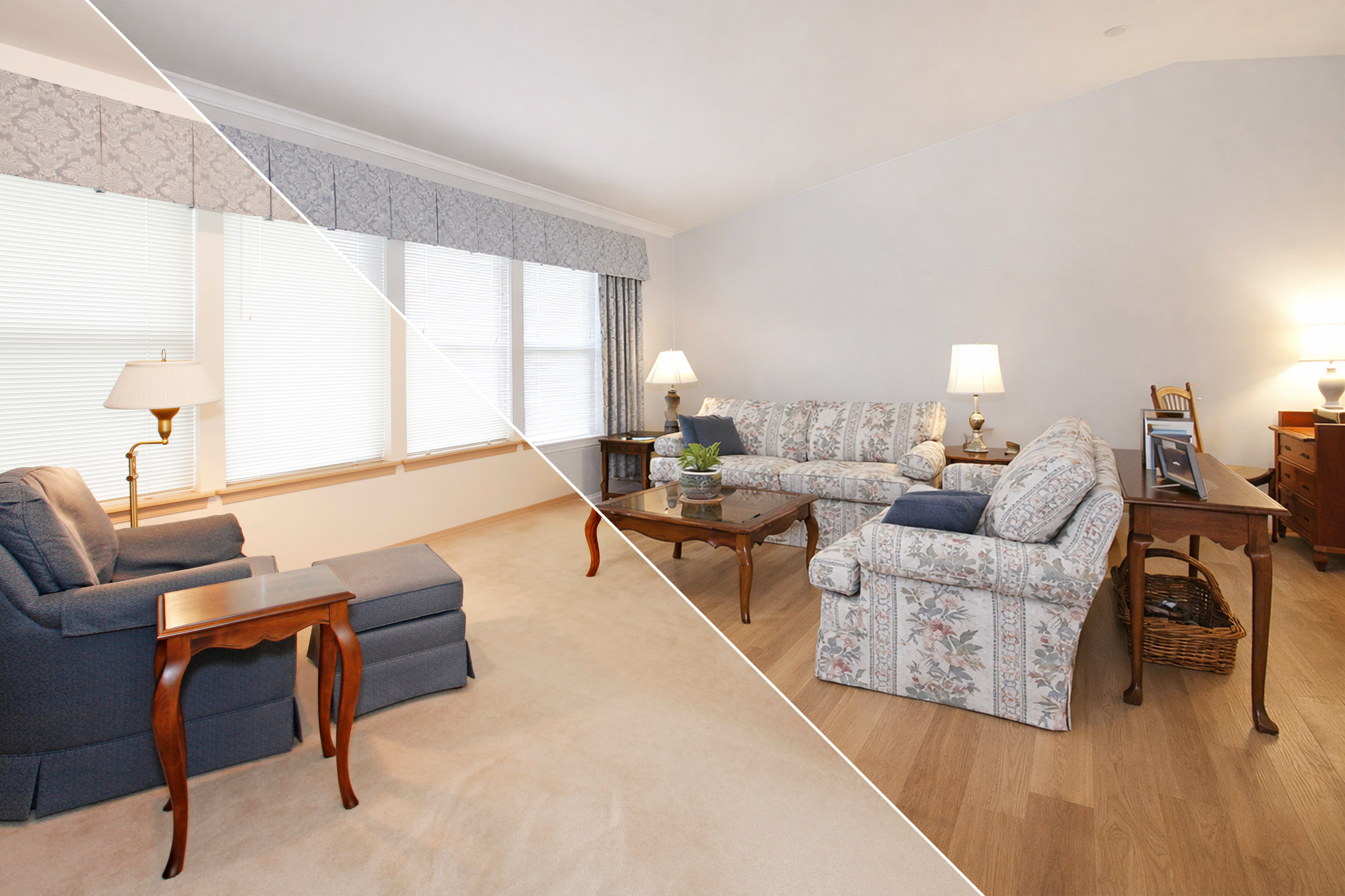 A living room with large windows, beige carpet, and a blue armchair on the left side. The other side shows a different living room with patterned sofas, wooden coffee table, and hardwood floors.