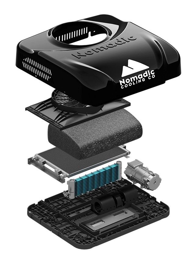 Exploded view of a high-performance computer cooling device, showing its layered components including a top cover, foam insulation, radiator, heat sink, and internal fan assembly.