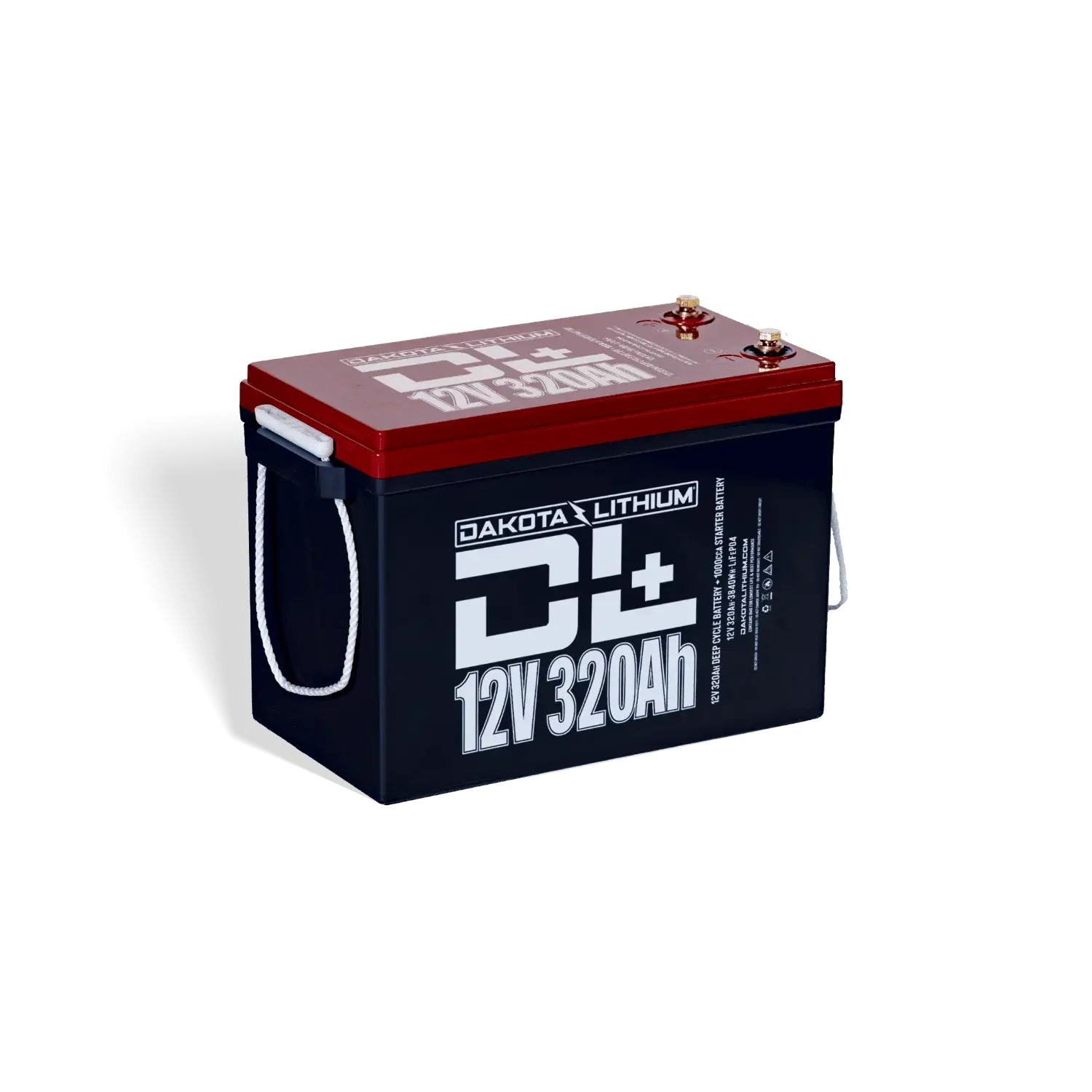A black and red Dakota Lithium 12V 320Ah rechargeable deep cycle battery for energy storage.