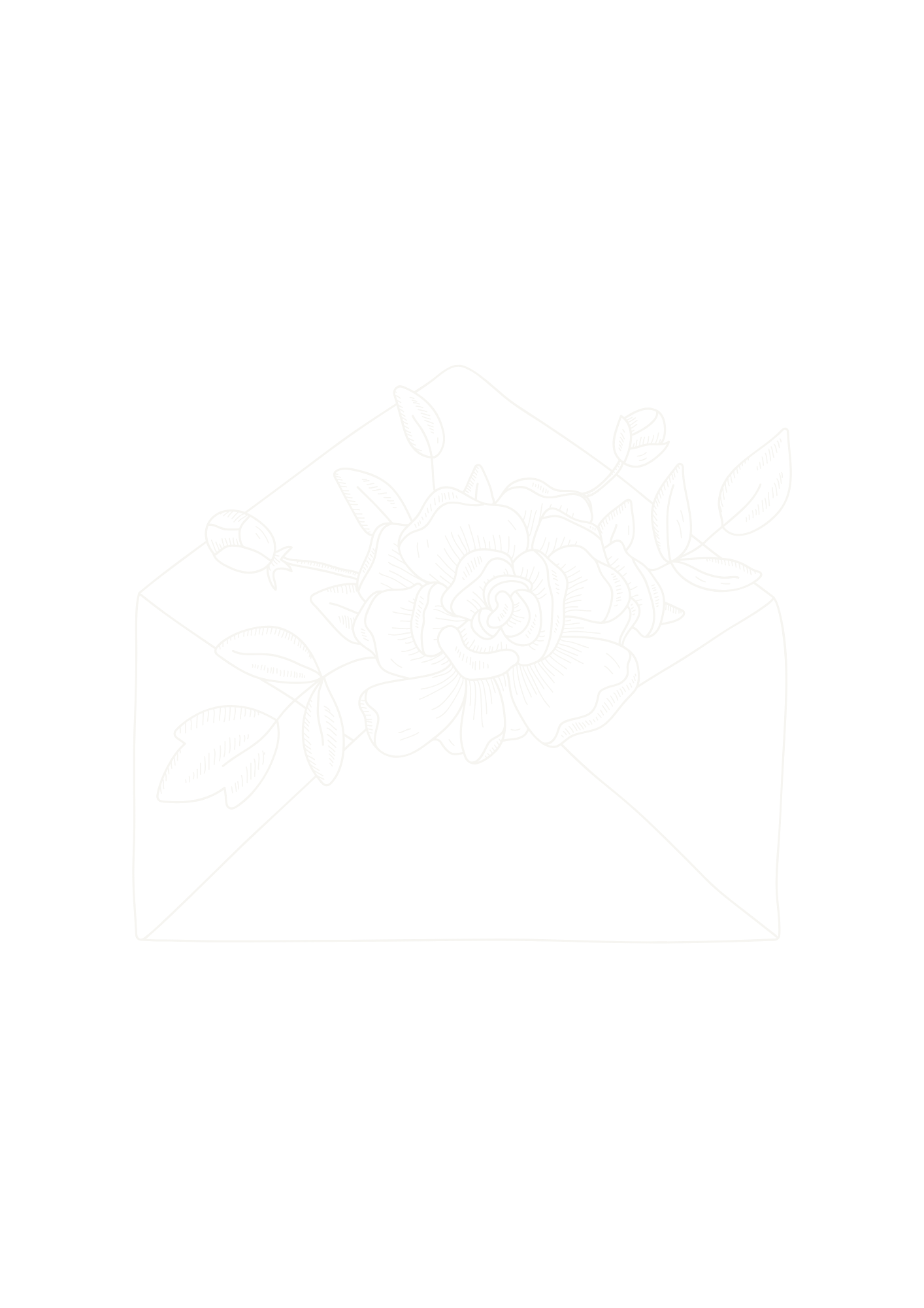 Line art illustration of a rose and leaves emerging from an envelope on a black background.