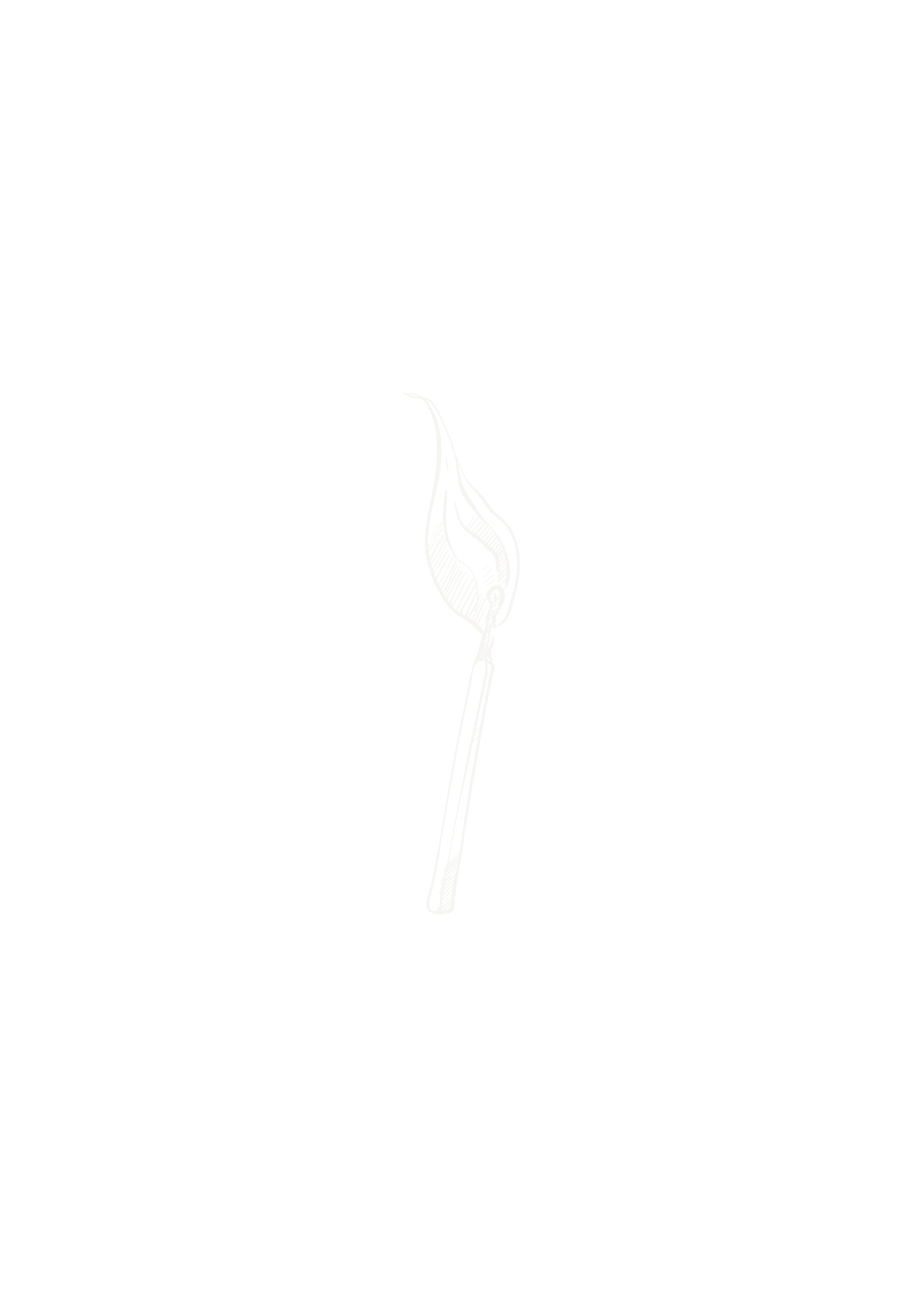 A black and white drawing of a matchstick with a leaf-shaped flame at the tip.