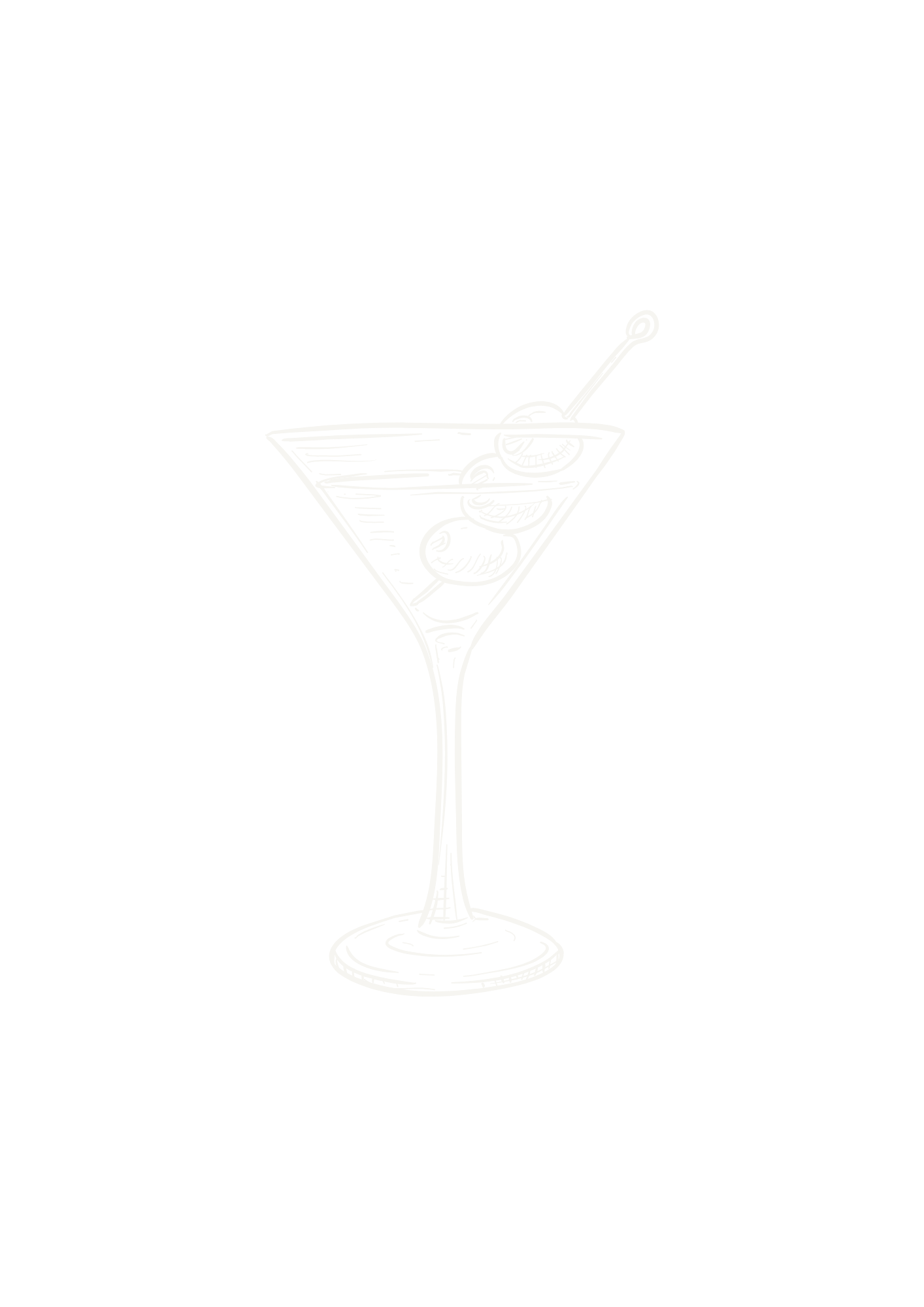 White chalk drawing of a cocktail glass with olives and a pick on a black background.