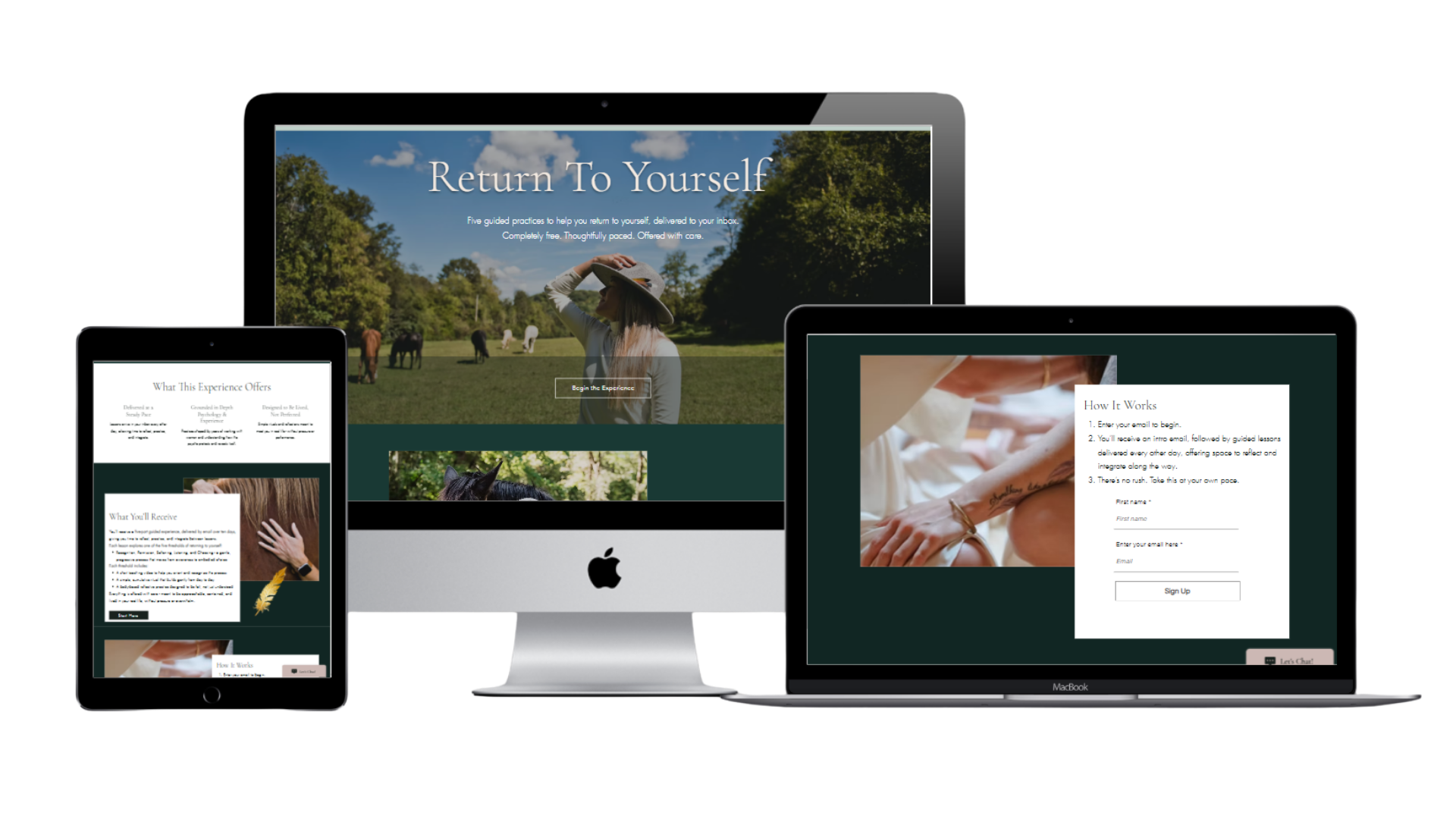 a Landing page for a lead magnet built in wix reading "return to yourself"