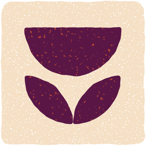 An abstract illustration of a semi-circle and two leaf-like shapes in dark purple on a beige textured background.