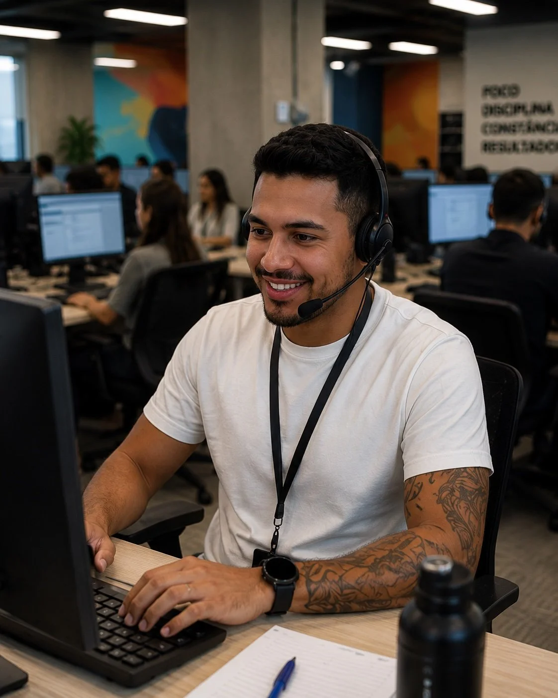 Homem sorrindo usando headset com microfone, sentado em frente a computador em escritório com várias pessoas ao fundo.