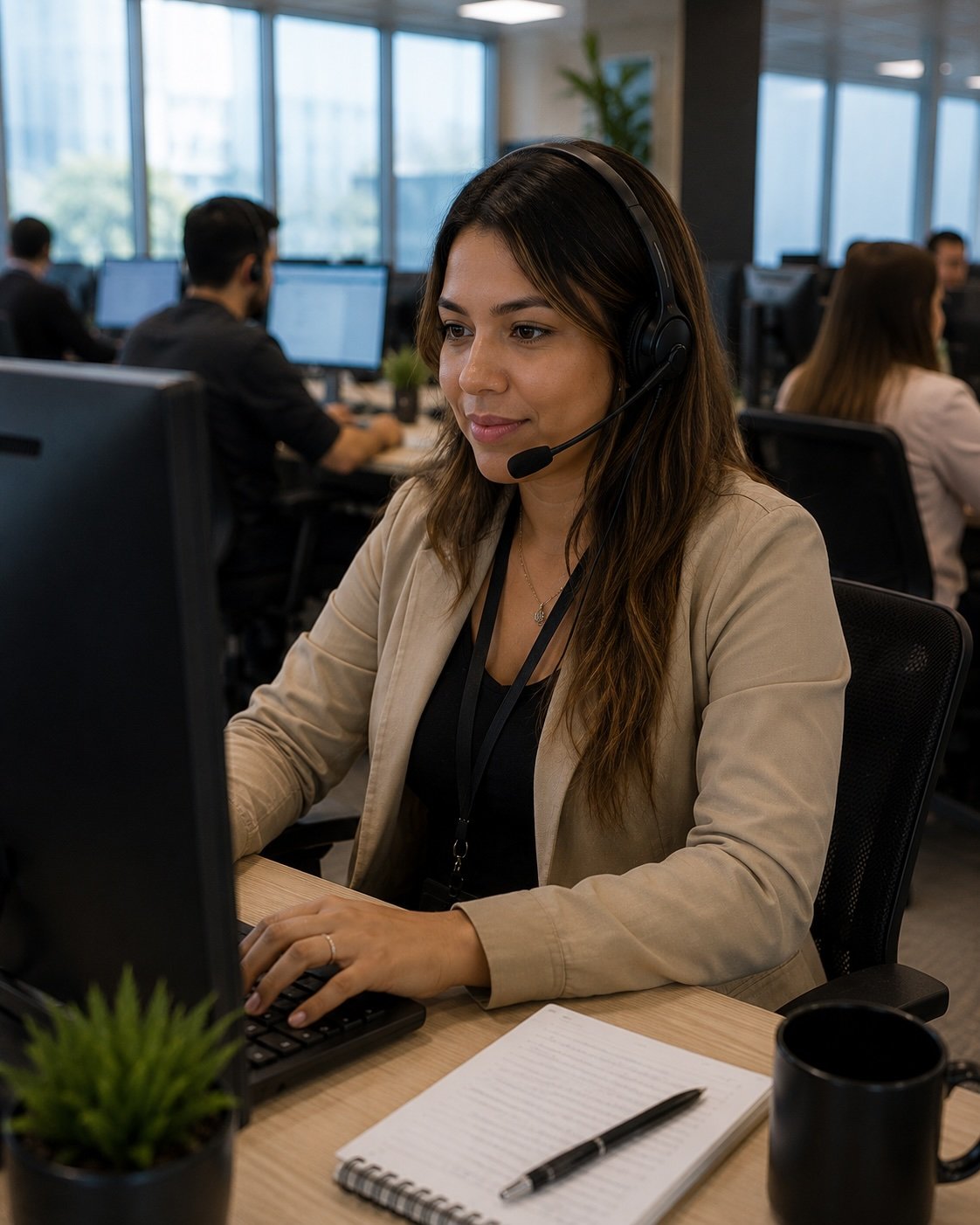 Mulher atendente com fone de ouvido em escritório movimentado, sentada em frente ao computador, com bloco de notas, caneta, planta em vaso e caneca na mesa.