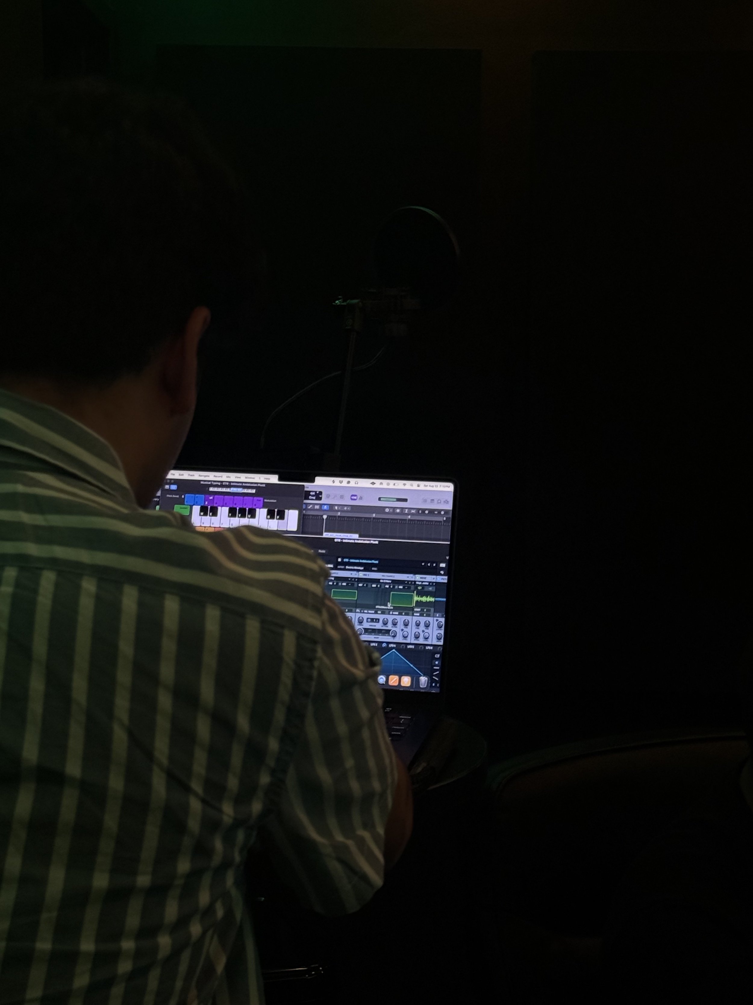 A person with curly hair wearing a green and white striped shirt using a laptop with music production software in a dark room.