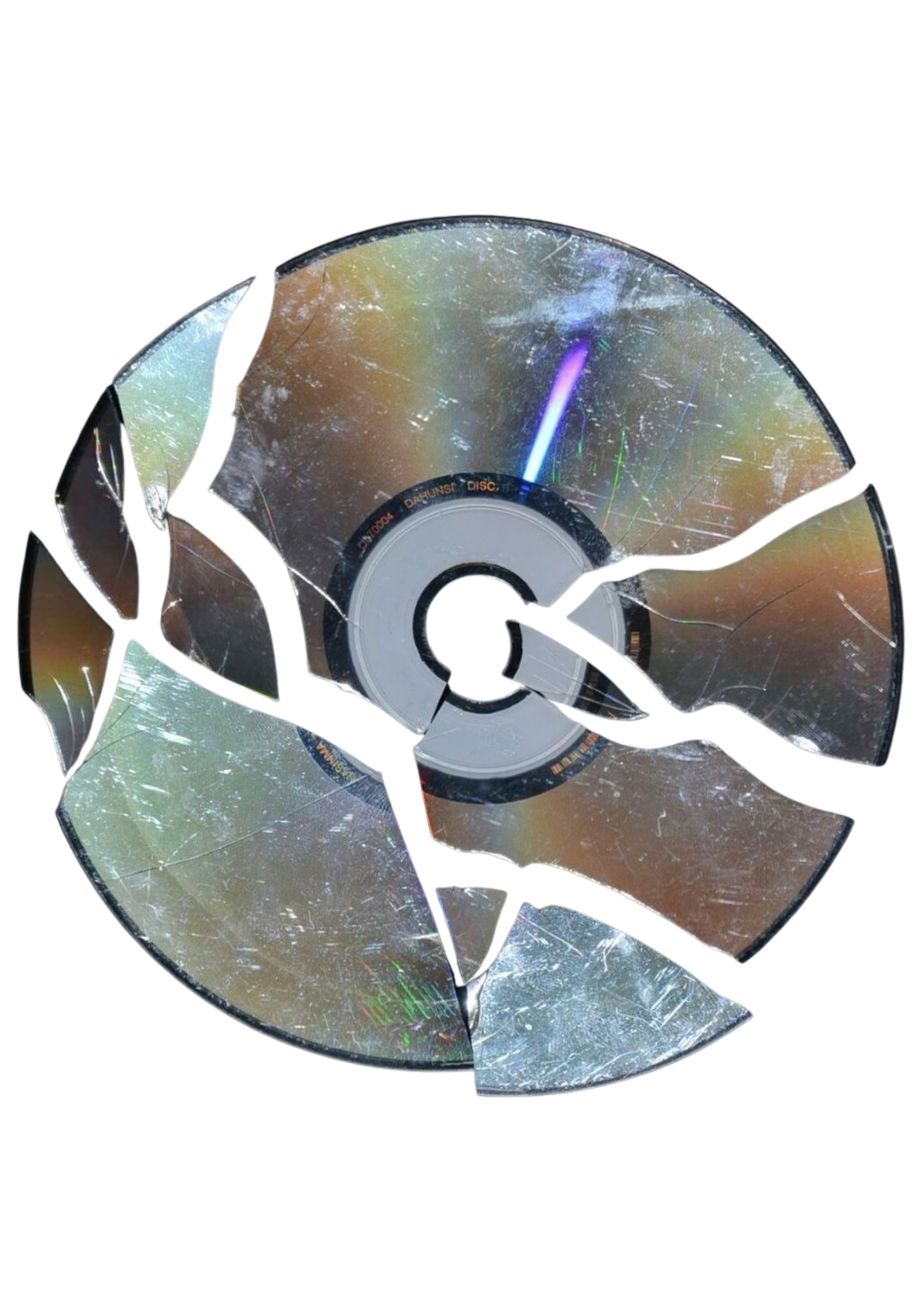 Shattered compact disc with broken and cracked fragments around a central hub, black background